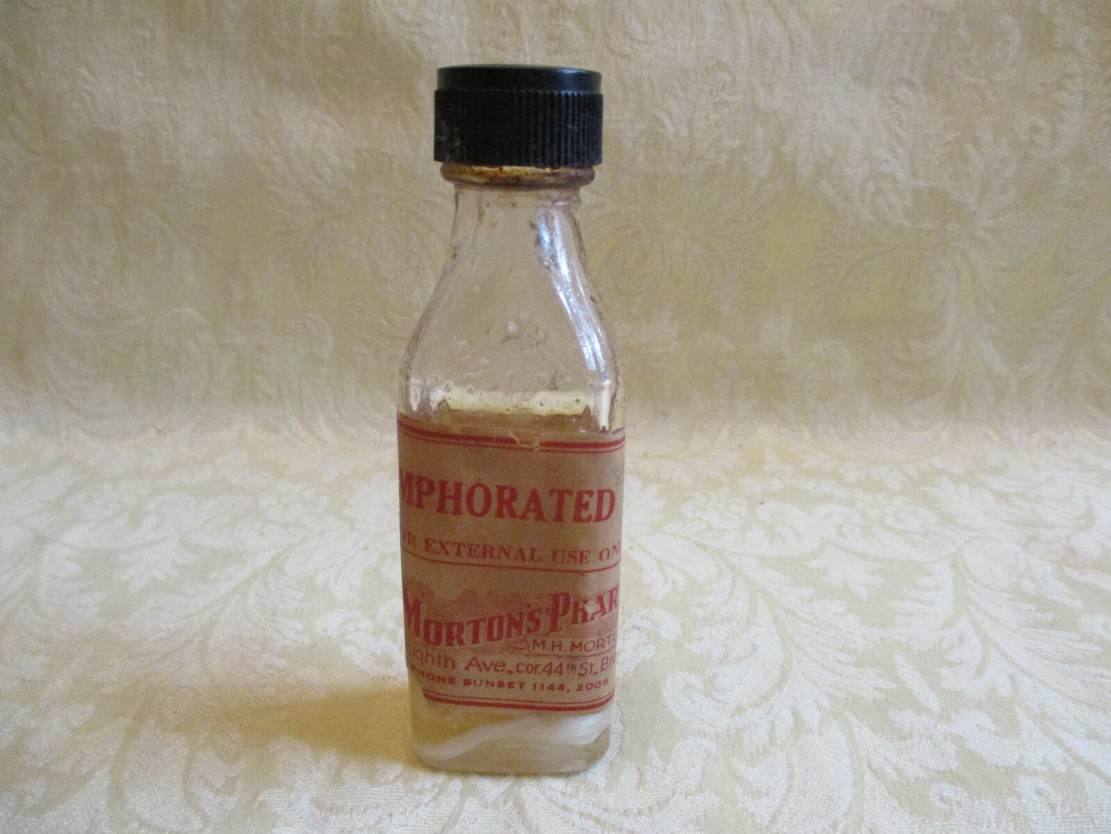 Vintage Morton’s Pharmacy Brooklyn, NY Camphorated Oil Small Glass Bottle