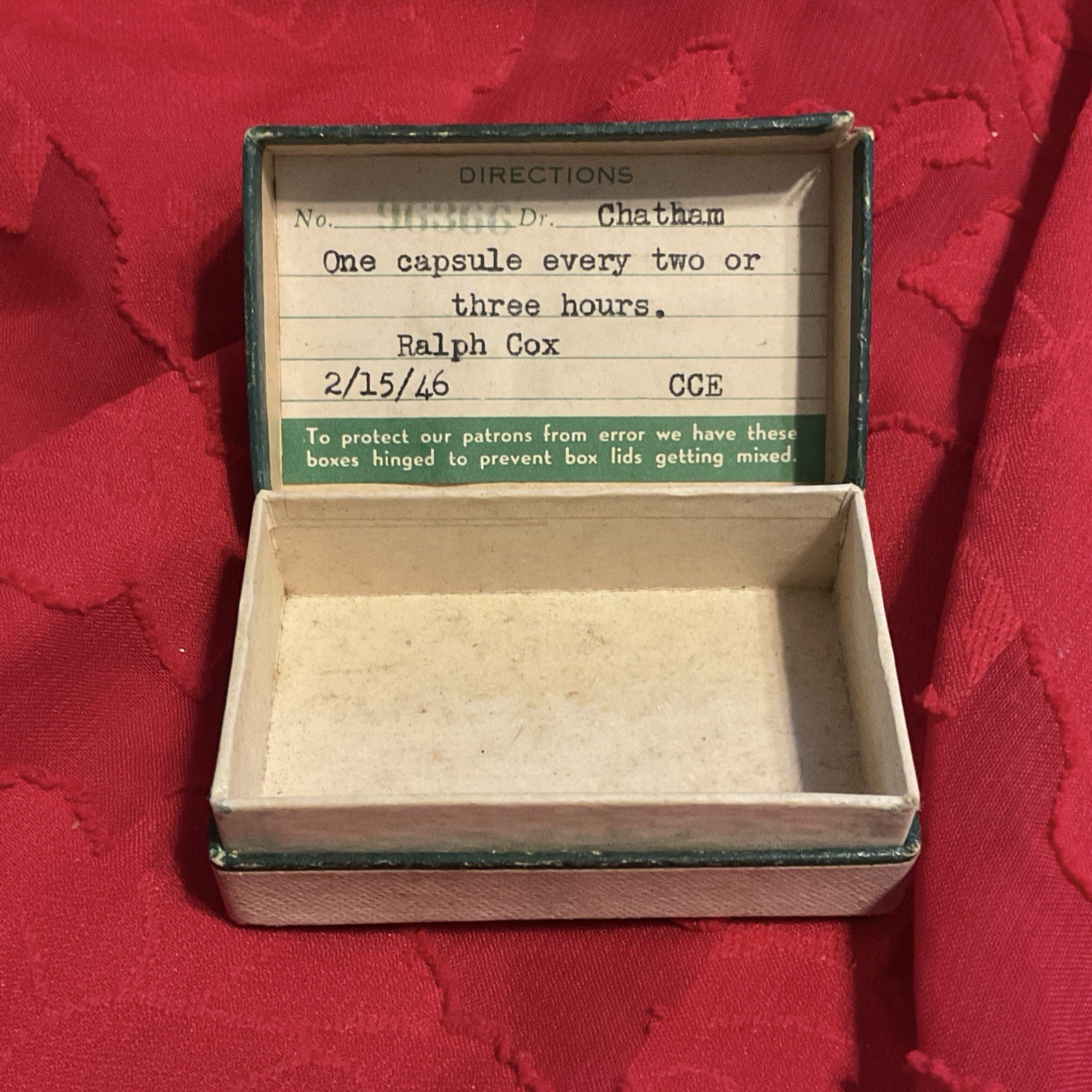 HITES DRUG STORE ~ Pittsburgh PA …Vintage 1946 Drug Store Prescription Pill Box