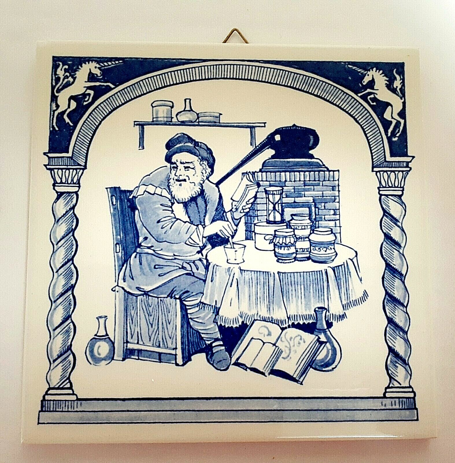 VINTAGE BLUE DELFT HOLLAND HANDMADE PILL TILE BURROUGHS WELLCOME CO. 1984