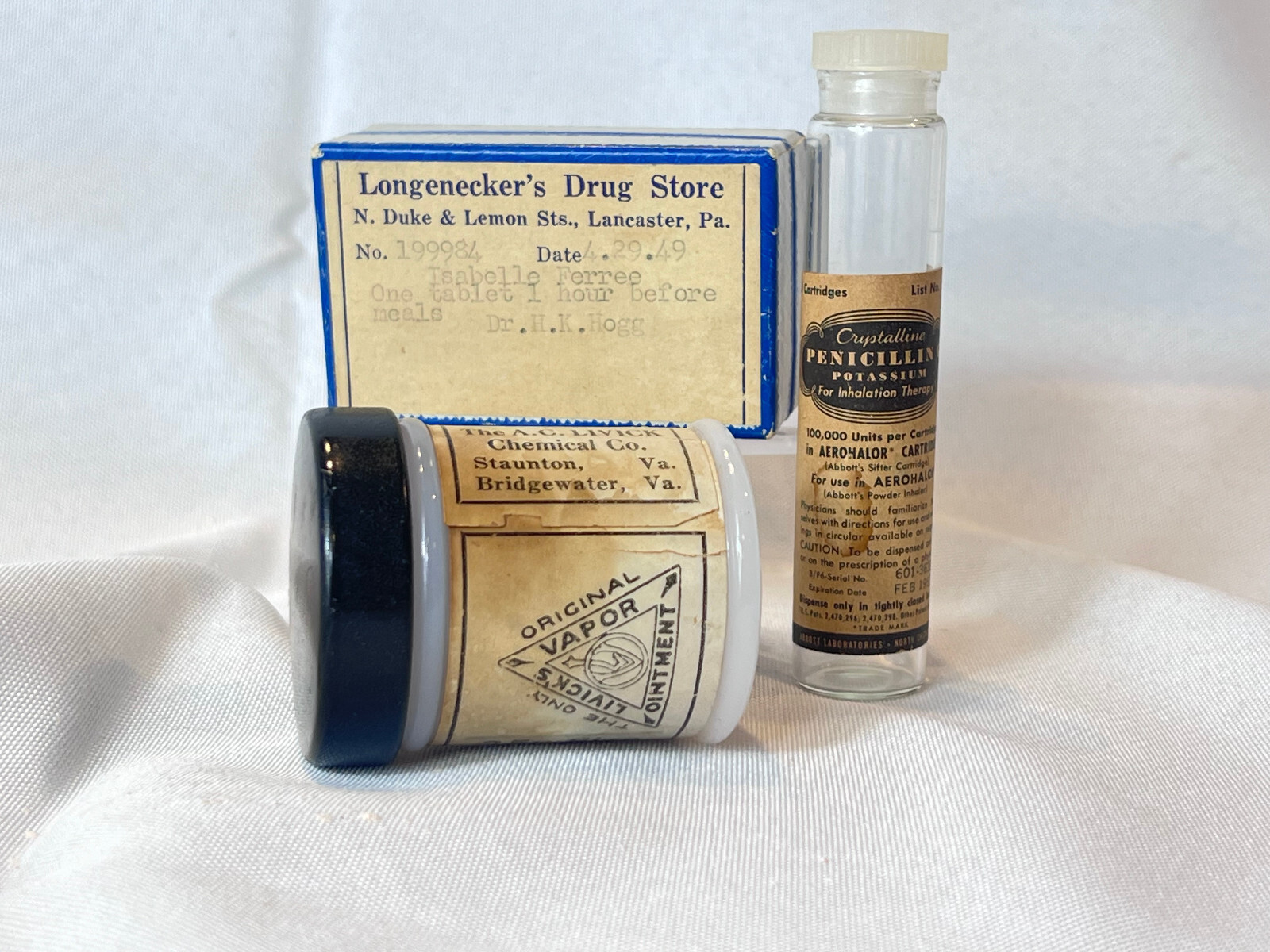Drug Store Lot Livicks’s Vapor Ointment Penicillin Potassium & Empty Pill Box