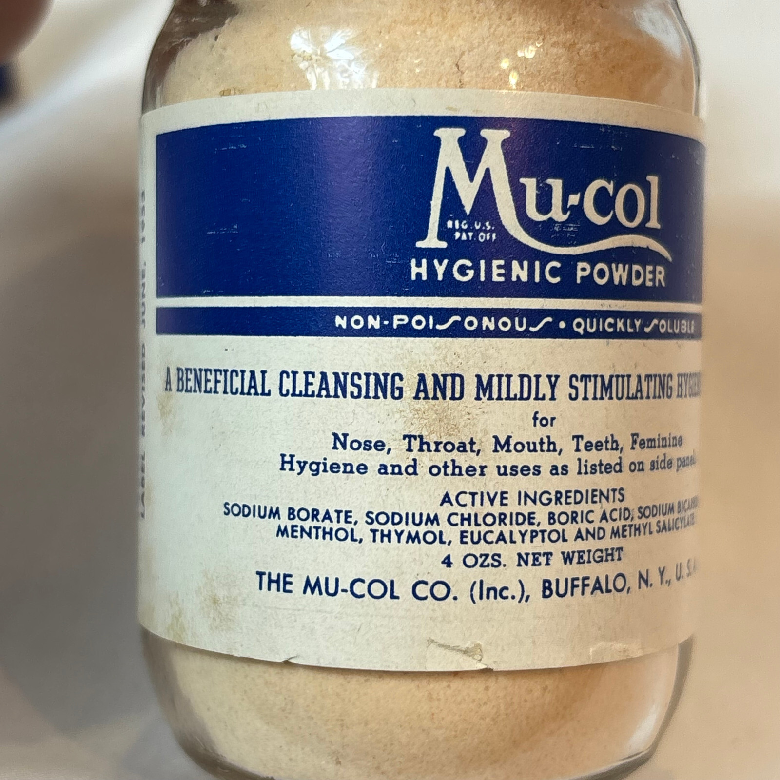 Vtg Mu-Col Hygenic Powder 4 Oz. Clear Glass Jar In Box Cleansing Compound