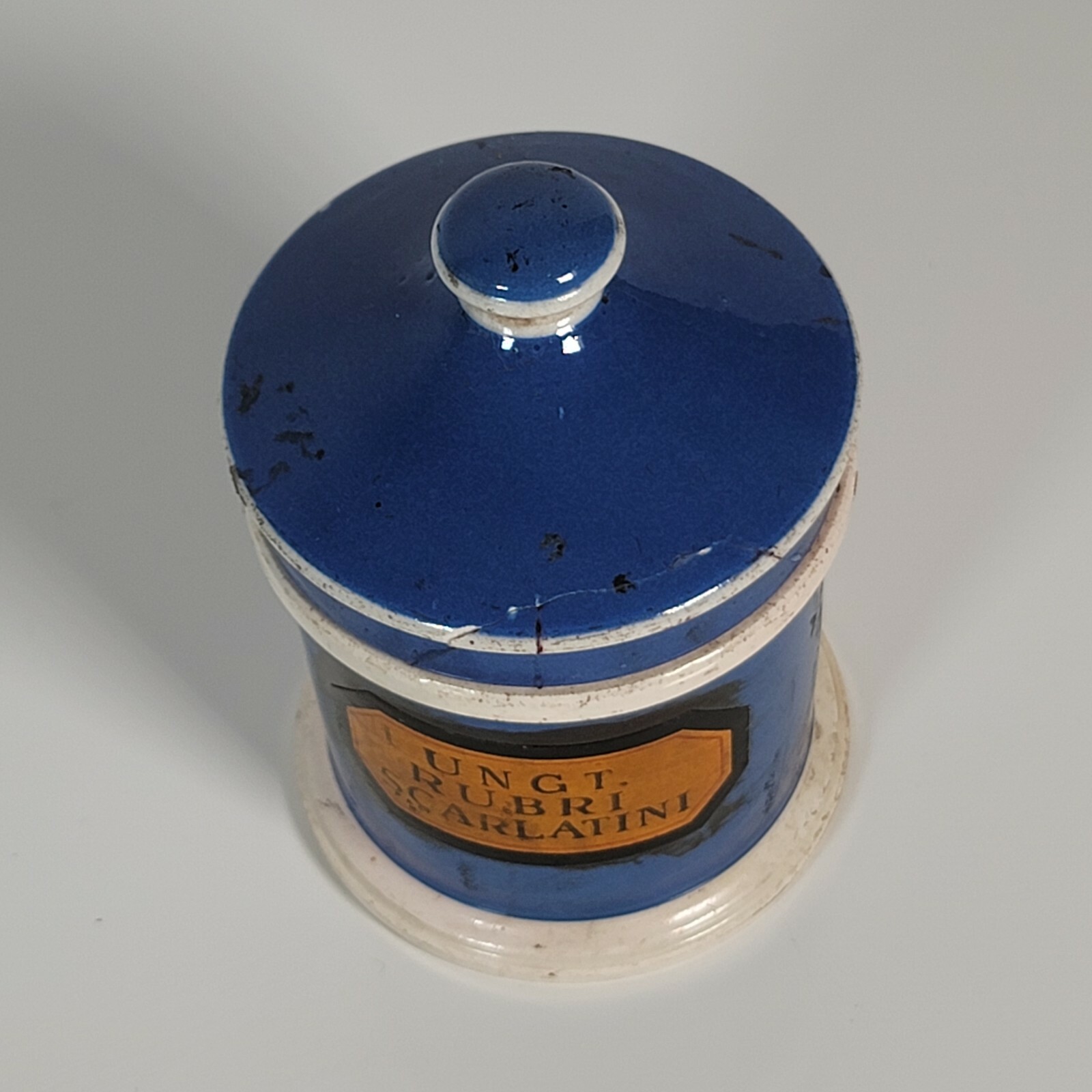 Vintage Blue Medicinal Medicine Jar Lidded Ungt Rubri Scarlatini F&B Apothecary