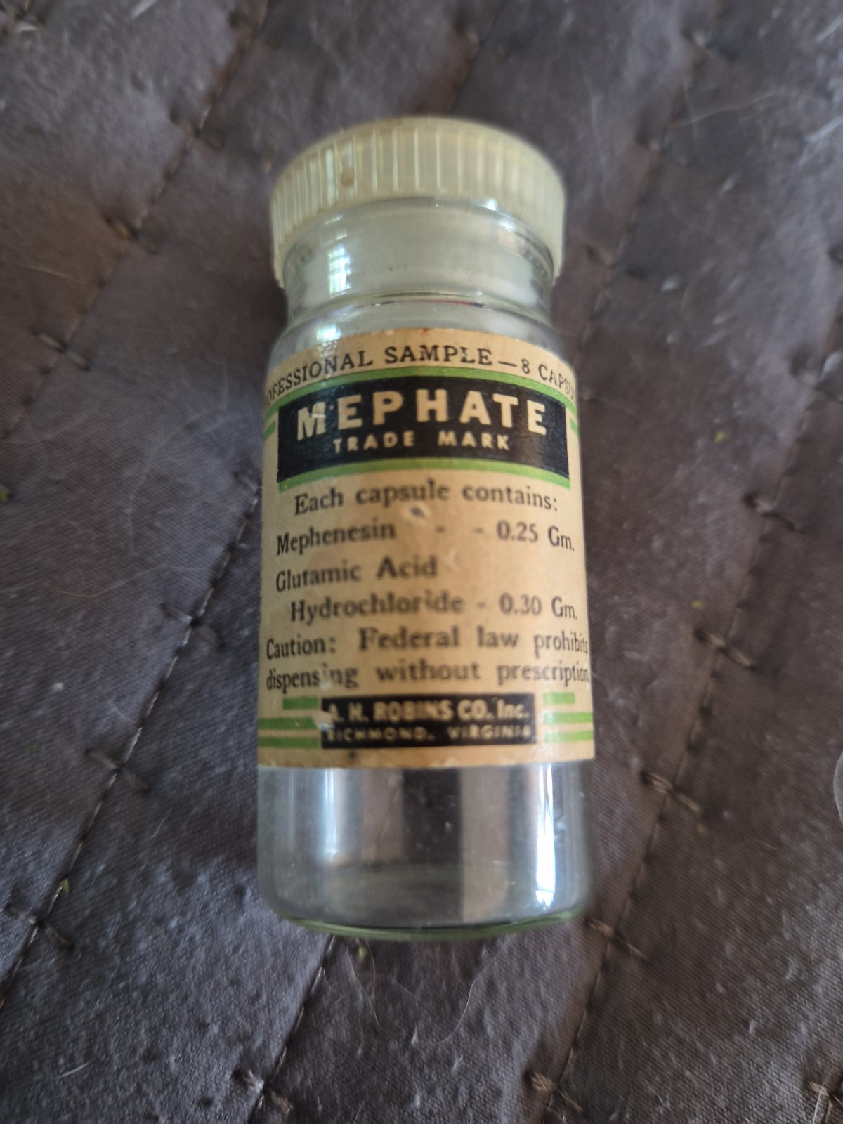 AH Robins Ambar EMPTY Medicine Bottle Mephate Prof. Sample Vintage