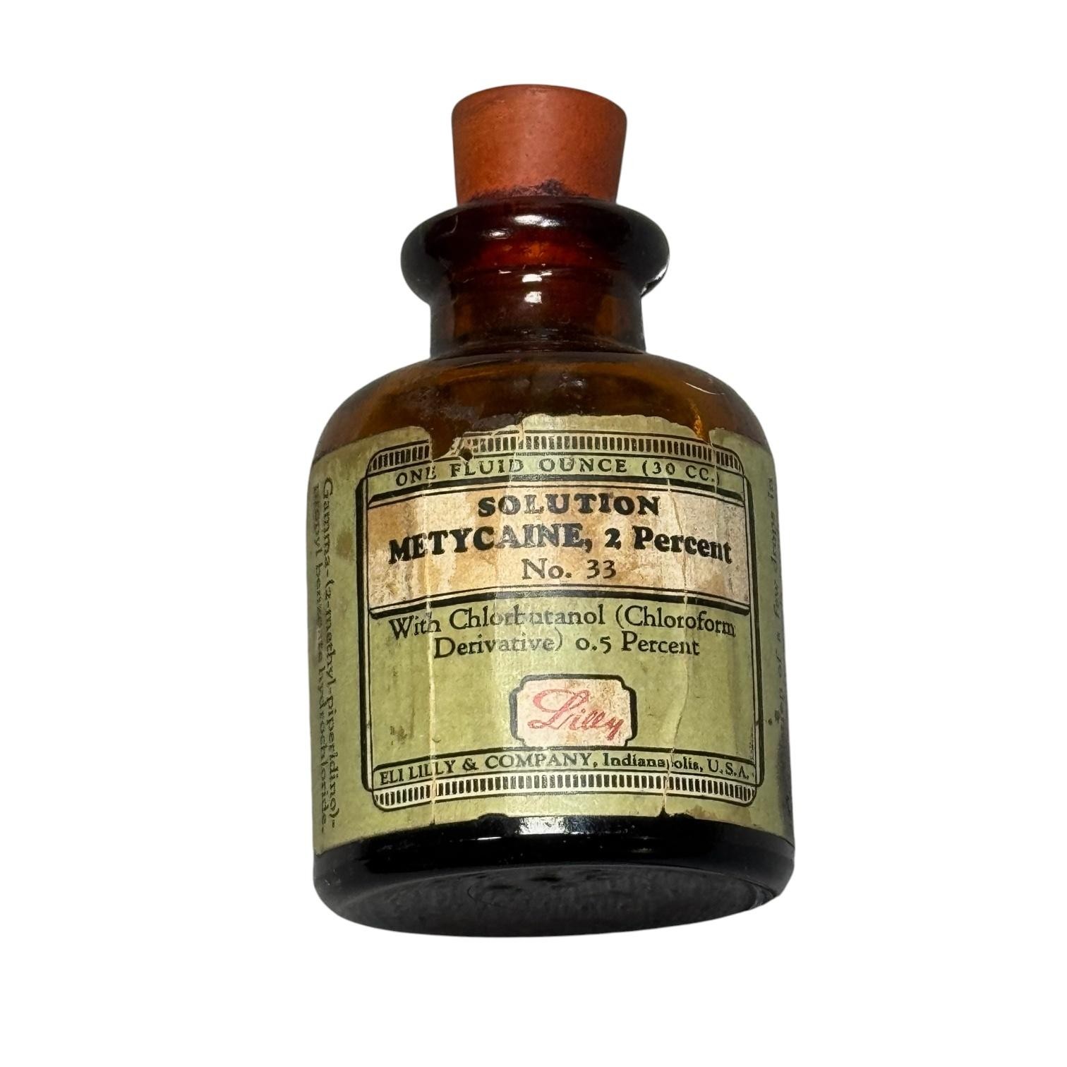 Vintage Eli Lilly Metycaine 2 Percent Solution Bottle 1oz Brown Glass Pharmacy