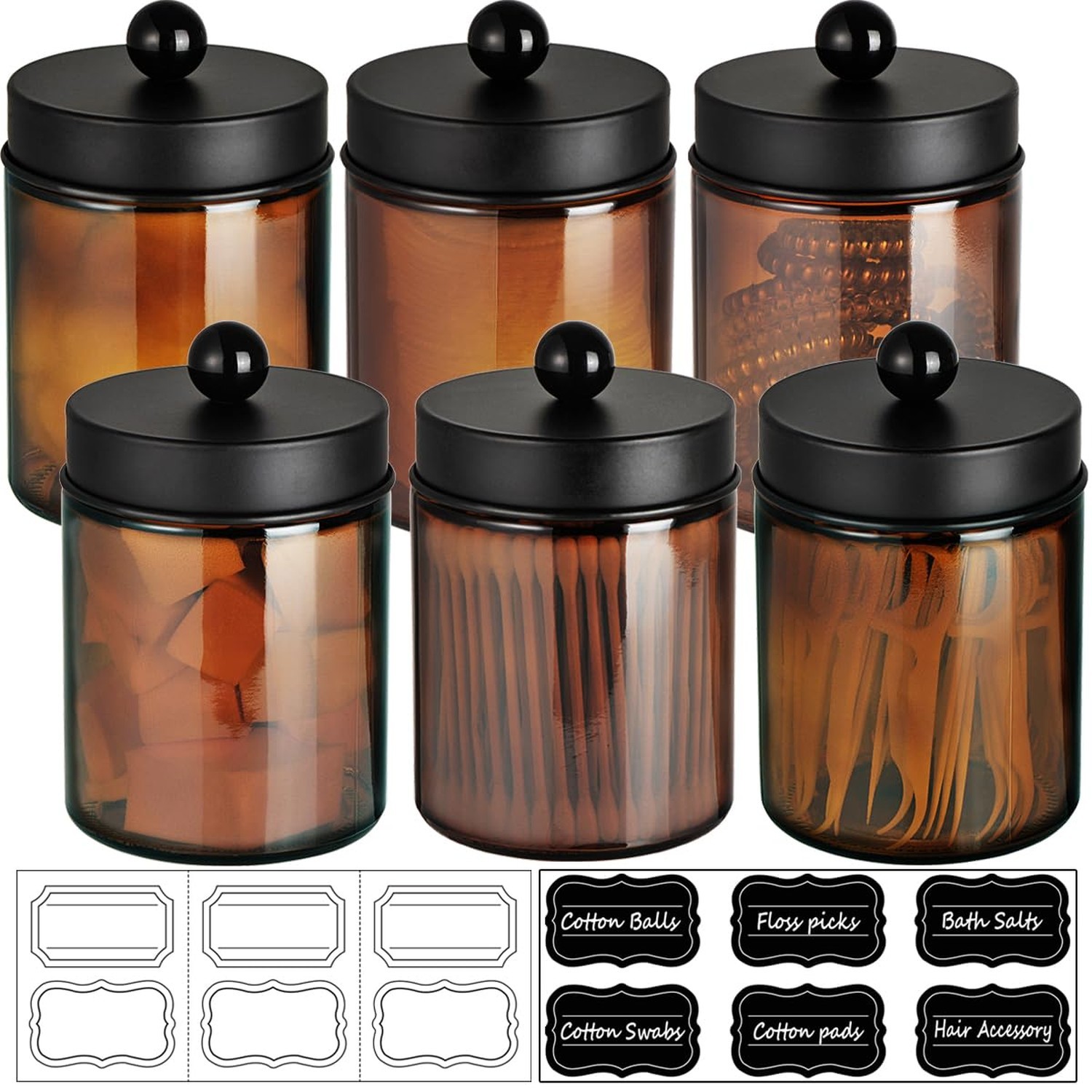 Amolliar Amber Glass Qtip Holder, Apothecary Jars with Matte Black Metal Lid …