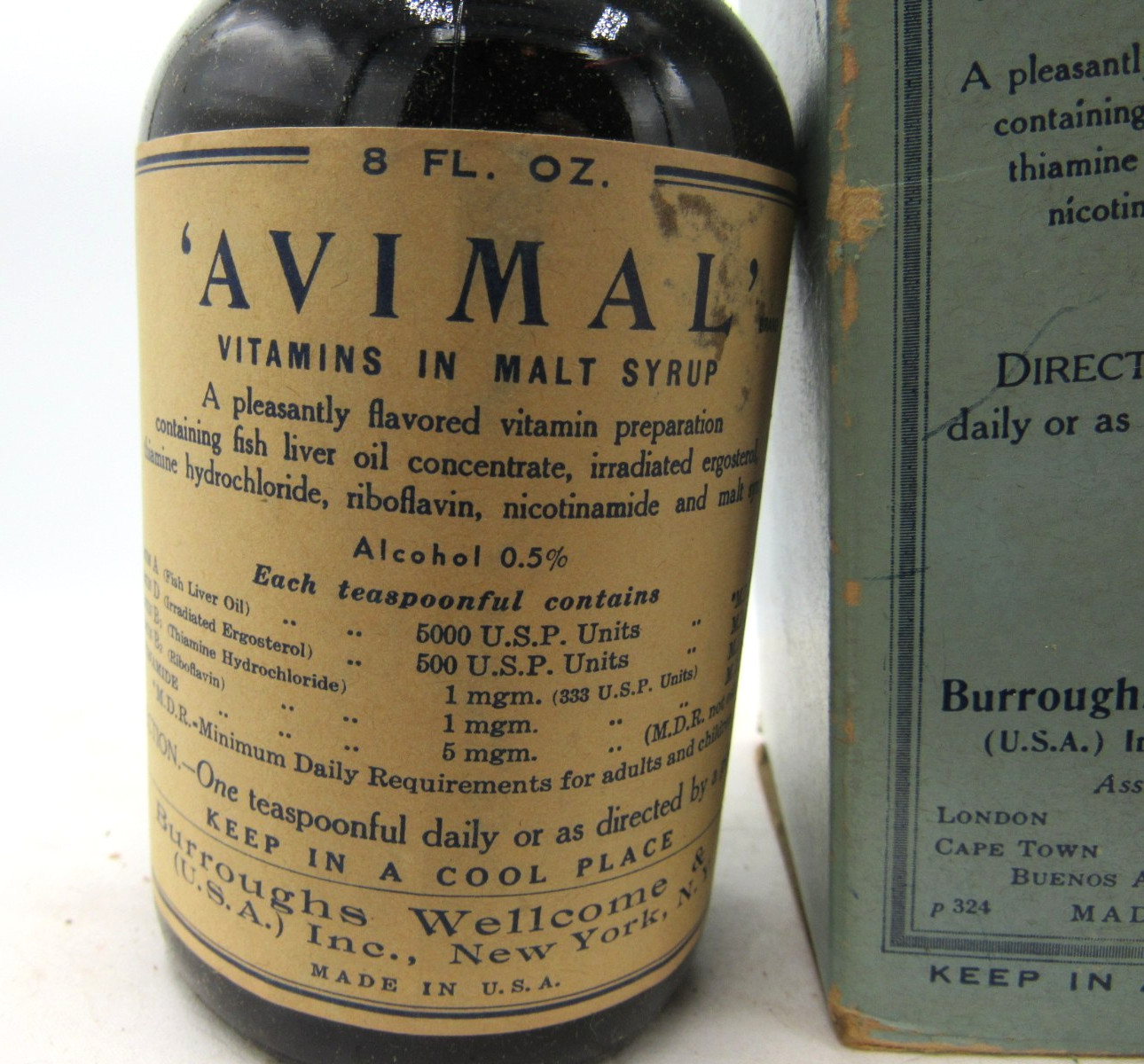 BW – 1940’s Burroughs Wellcome Avimal Tuckahoe NY 4 3/8 ” Amber Medicine bottle