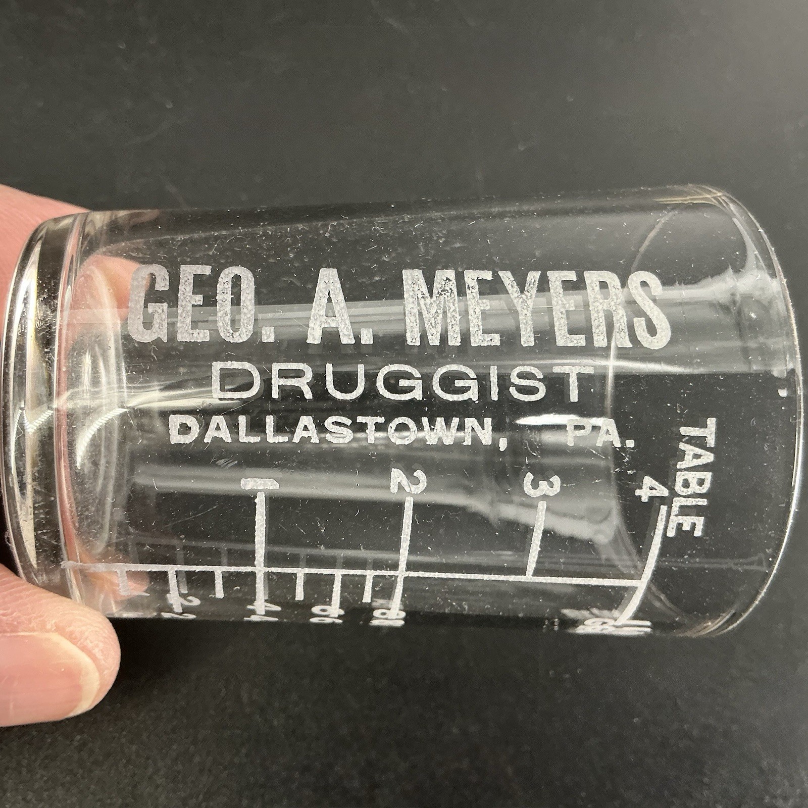 Advertising Medicine Dosing Cup Glass Geo. A Meyers Druggist Philadelphia