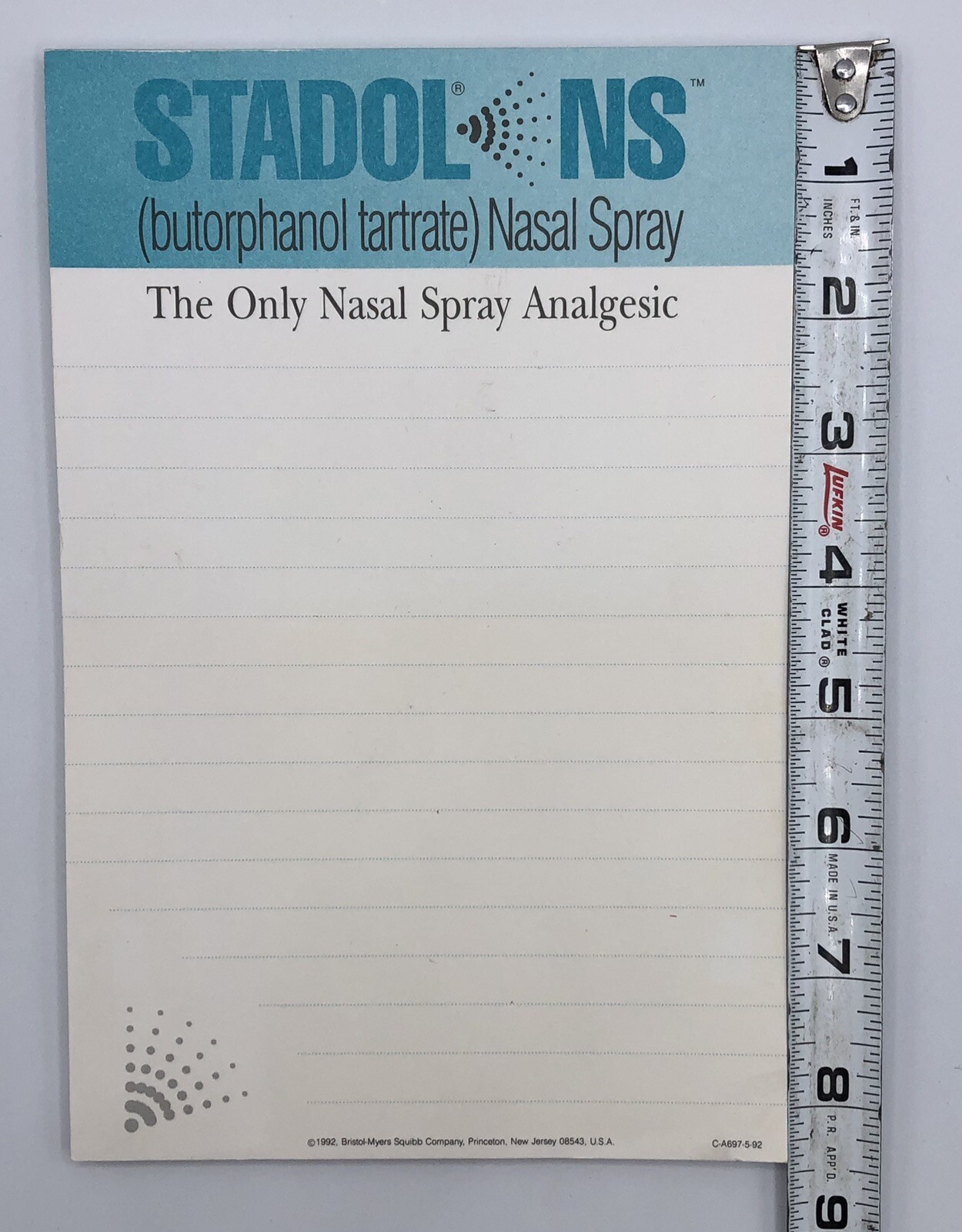 Retro 1992 Drug Rep STADOL NS Notepad 49 Pages Bristol-Myers Squibb Vtg Medical