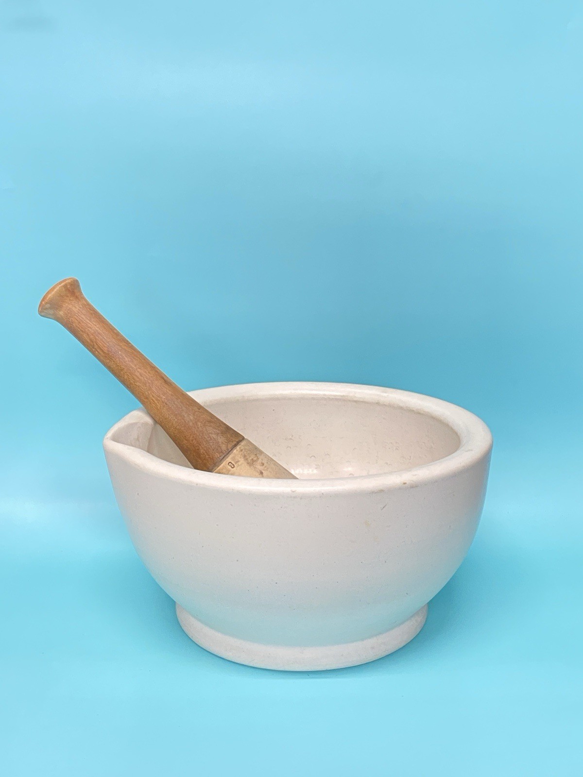 Vintage MORTAR & PESTLE Ceramic & Wood Pharmacy Apothecary HUGE 10” WH3