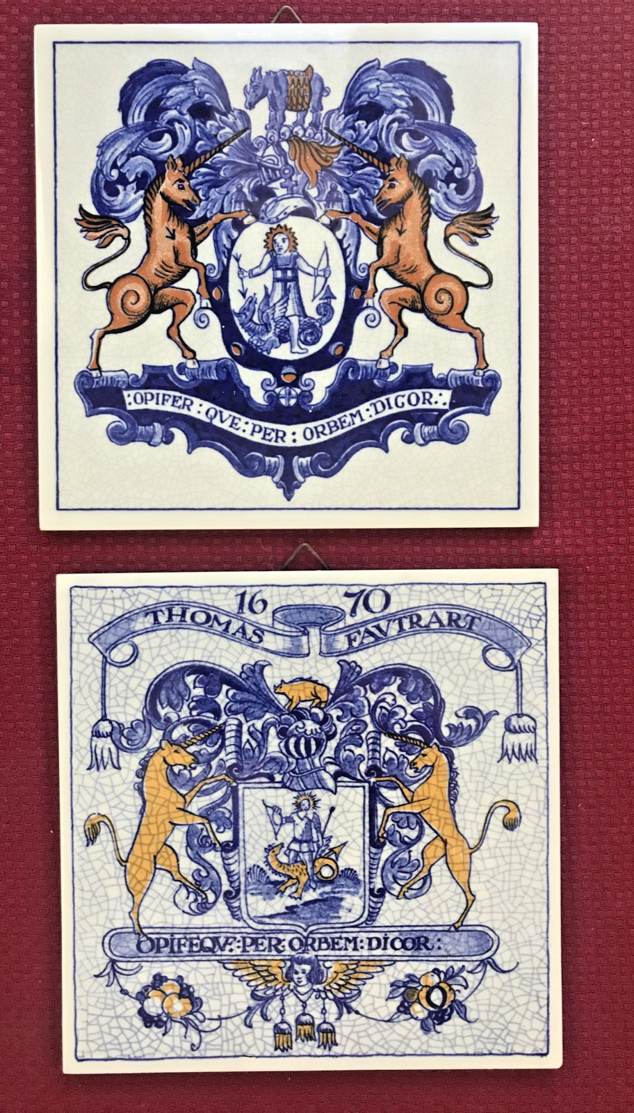 2- BURROUGHS WELLCOME DELFT BLUE PHARMACY PILL TILES, FAVTRART, UNICORNS, 6 X 6