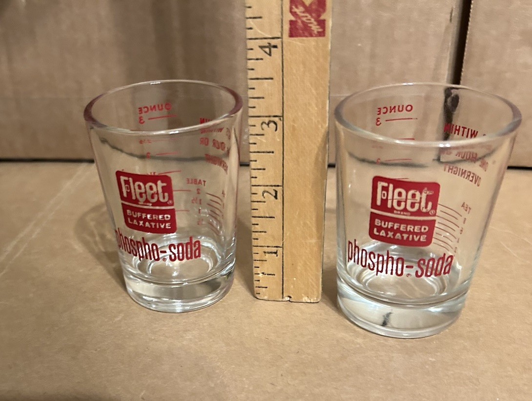 Vintage Fleet Buffered Laxative Phospho-Soda Graduated Medicine Shot Glass x2