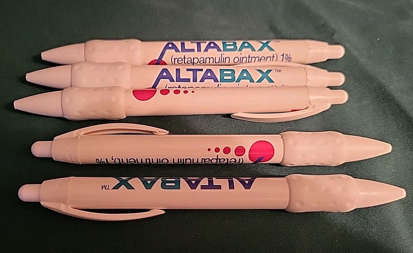 Lot OF 5 Metal and Plastic Altabax Pharmaceutical Drug Rep Pens NOS Rubber Grips