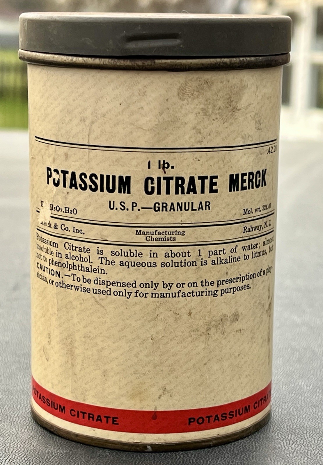 Antique Pharmaceutical “Specify Merck” CITRATE OF POTASH 5″ Paper & Metal Can