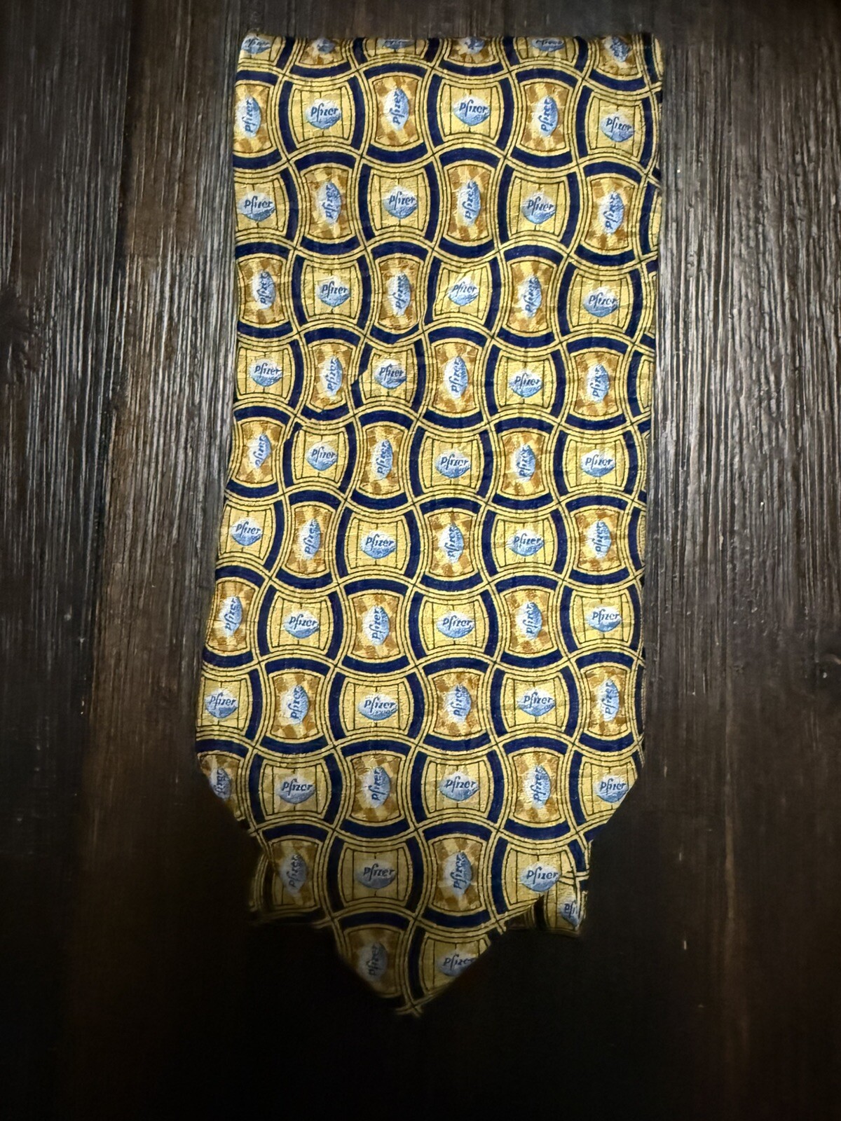 🔥Pfizer Viagra Drug Rep Promo Neck Tie Gold Navy 100% Silk Little Blue Pill 59”