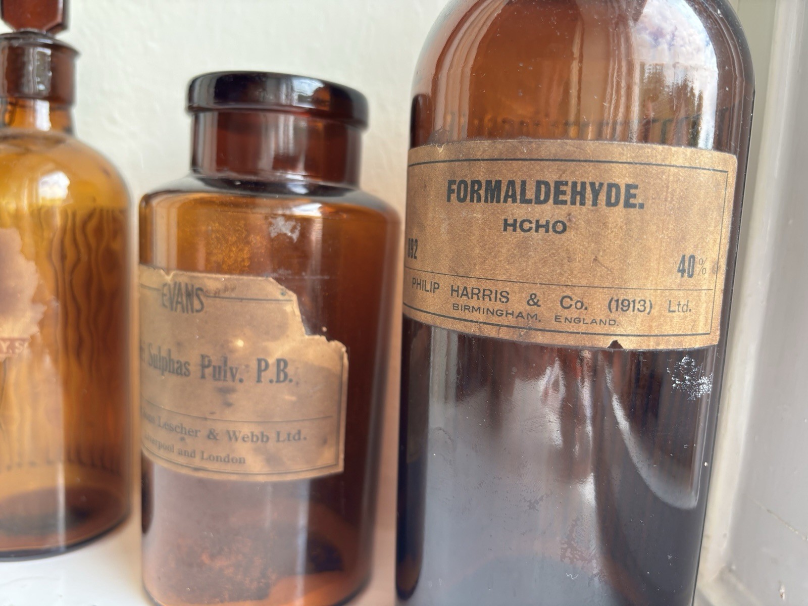 Three Antique Amber Glass Apothecary Medicine Bottles + Labels, Stopper & Cork