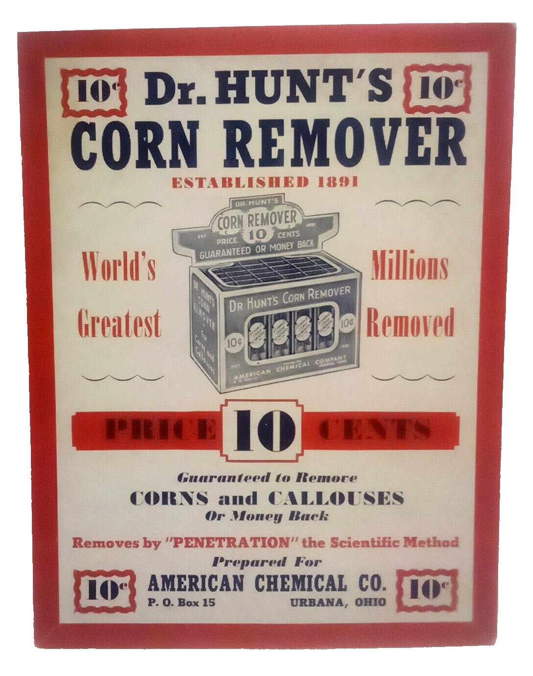Dr. Hunt’s Corn Remover Vtg Adv Display Poster American Chemical Co. Urbana Ohio