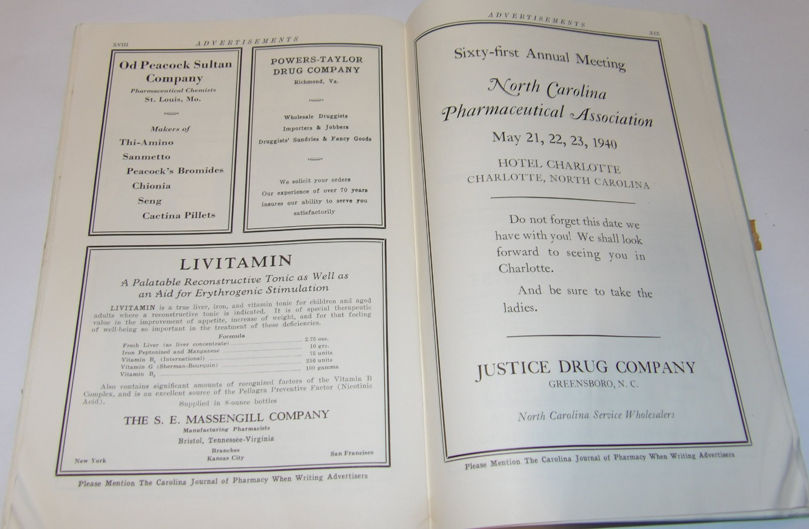 VTG 1940 DRUGGIST CONVENTION SOUVENIR BOOK! CHARLOTTE, NC! ADS/HOTELS/PICTURES!