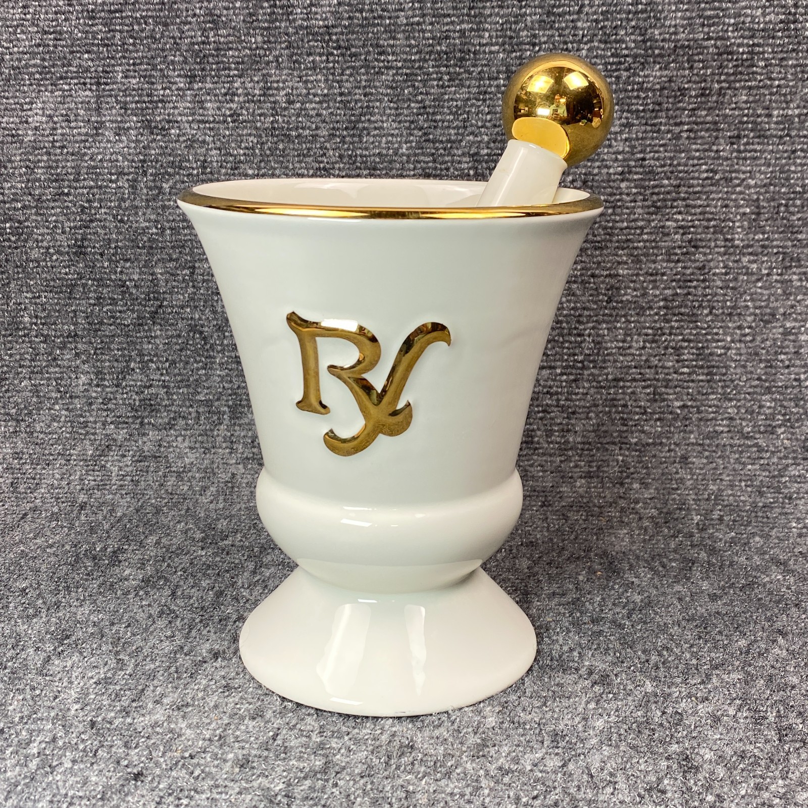 Owens Illinois RX Porcelain Pharmacy Mortar Pestle White Gold Apothecary Vtg
