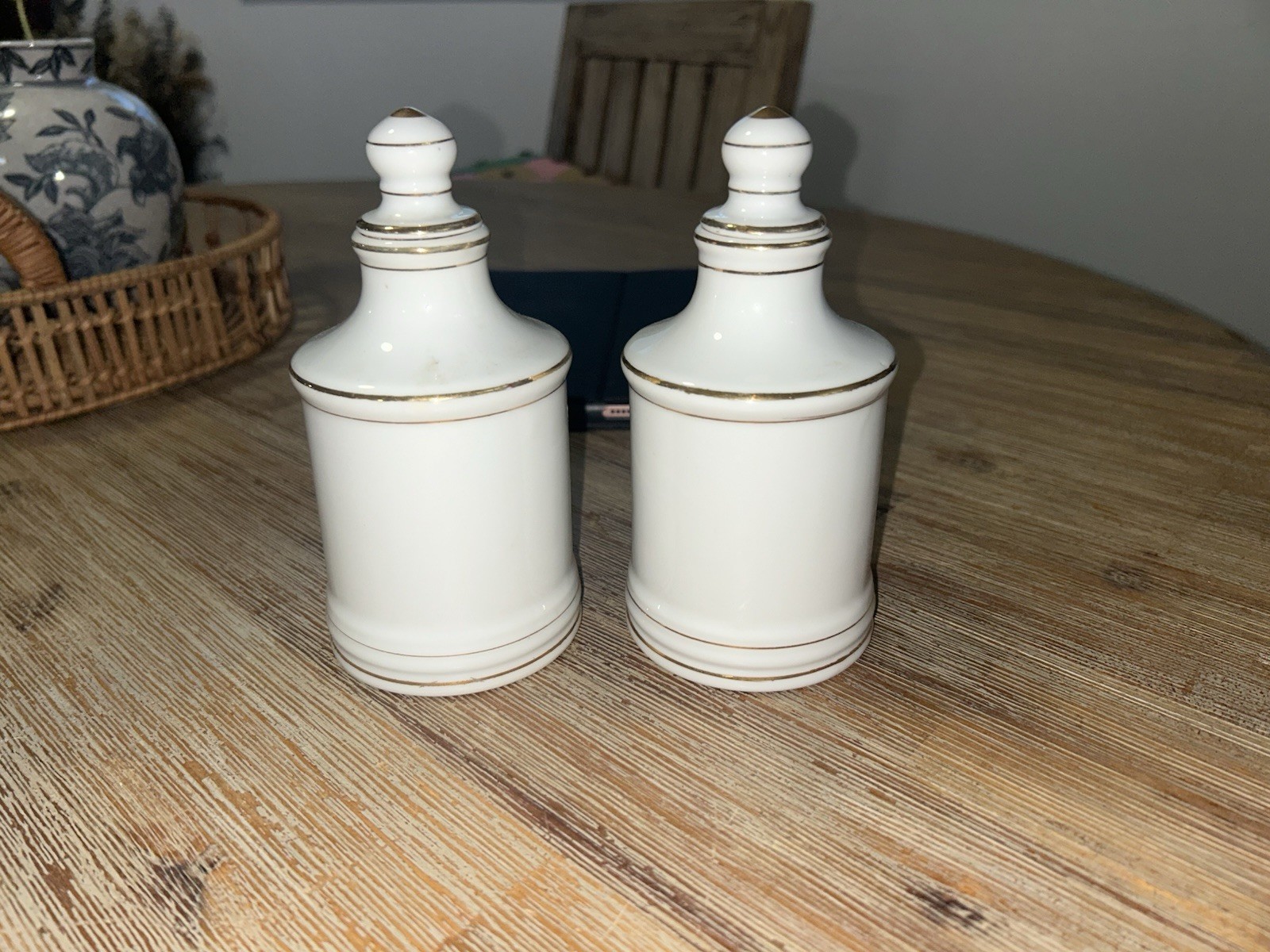 Vintage Japan Porcelain Apothecary Jar Bottle Pair Cologne & Peroxide