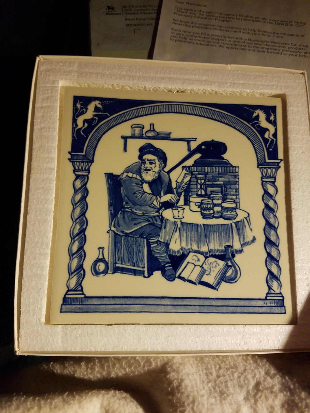 BURROUGHS WELLCOME Pharmacy Pill Tile Handmade DELFT Apothecary #5