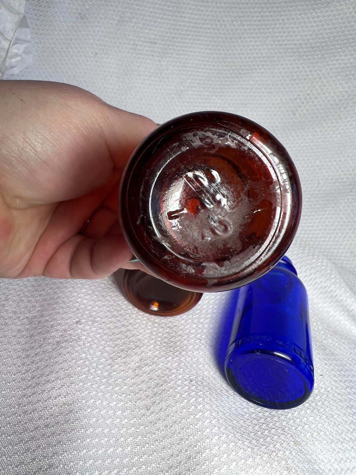 Vtg Lot Of 4 Cobalt Blue & Brown Drug Store Pharmaceutical Bottles Bromo Seltzer