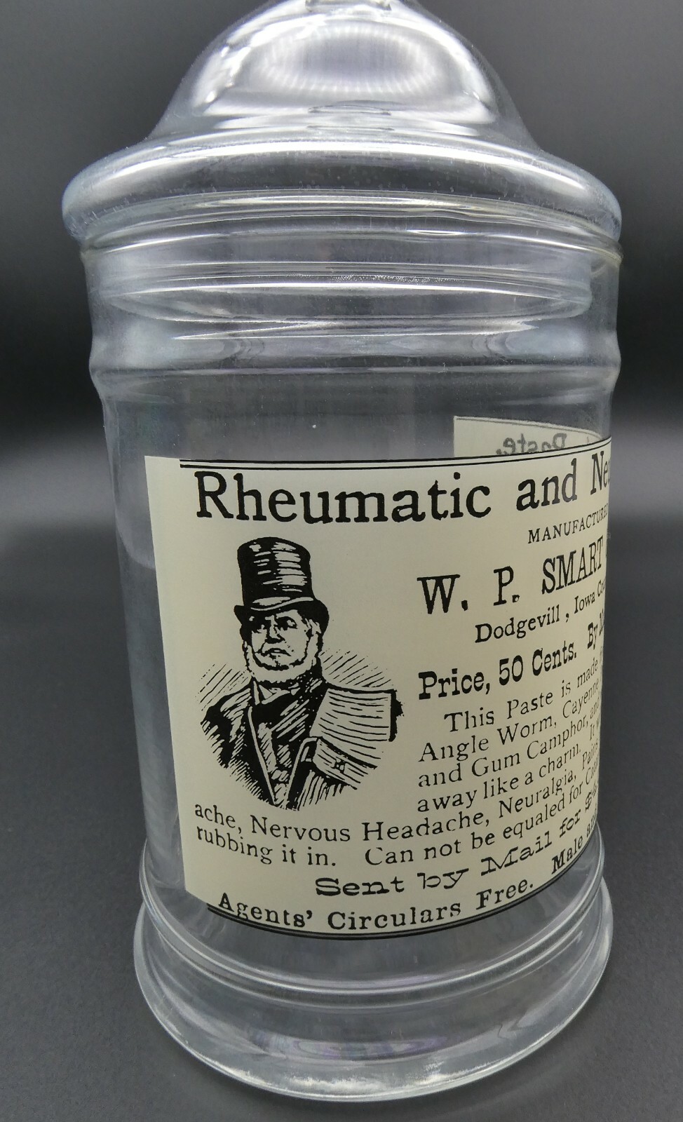 Vintage W.P. SMART & SONS Paste Medicine Glass Apothecary Jar Circus Tent Lid 8″