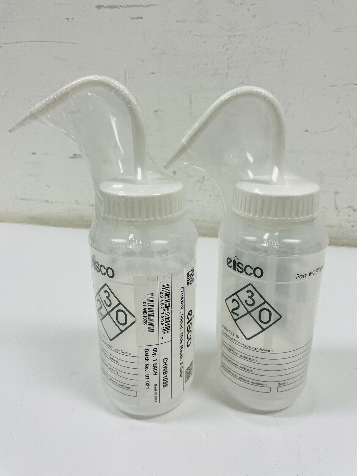 LOT OF 4 Eisco Wash Bottles Distilled Water, Methanol, Ethanol (2) WIDE MOUTH