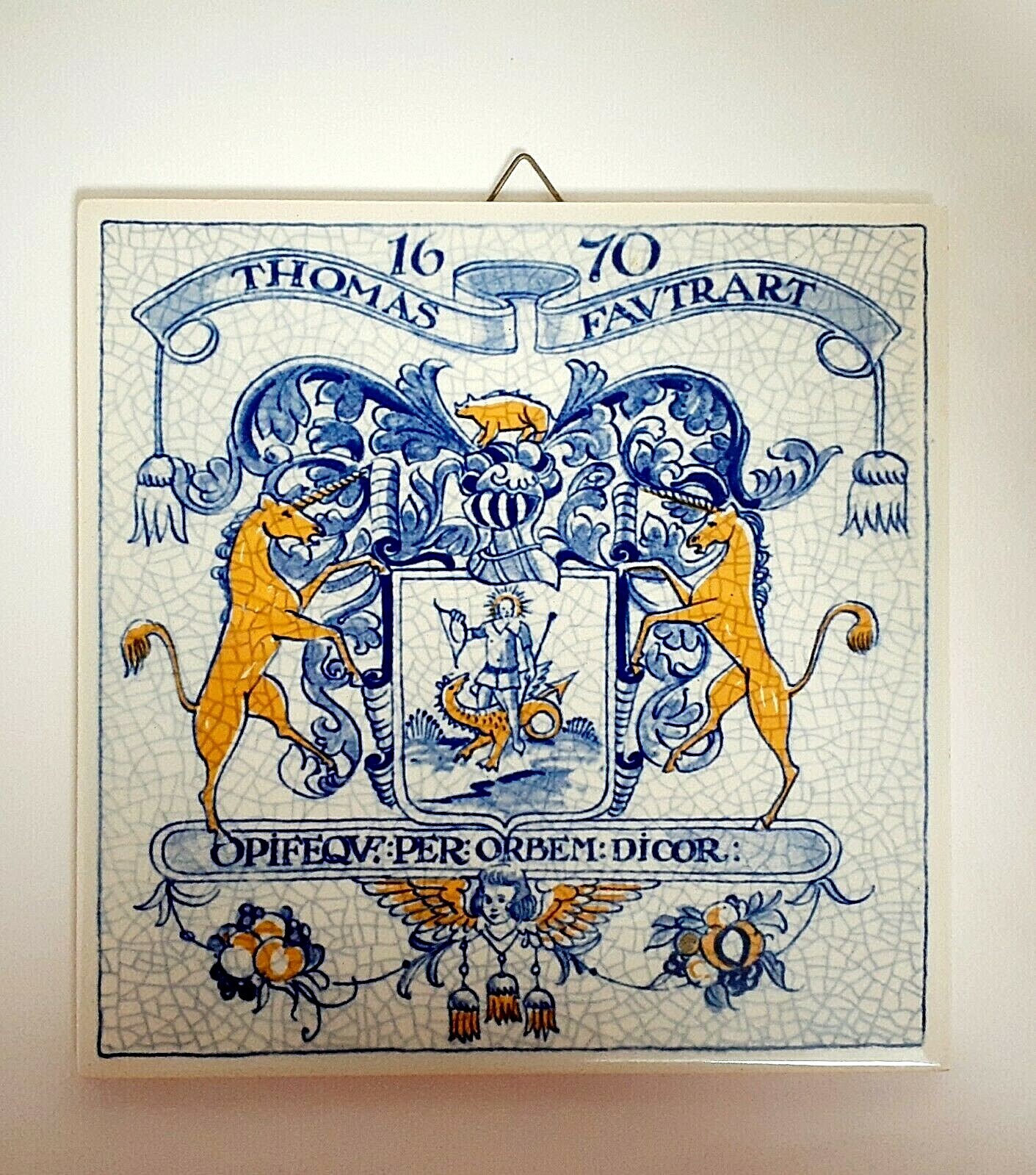 BLUE DELFT HOLLAND HANDMADE PILL TILE BURROUGHS WELLCOME CO. 1988 ORIGINAL BOX!