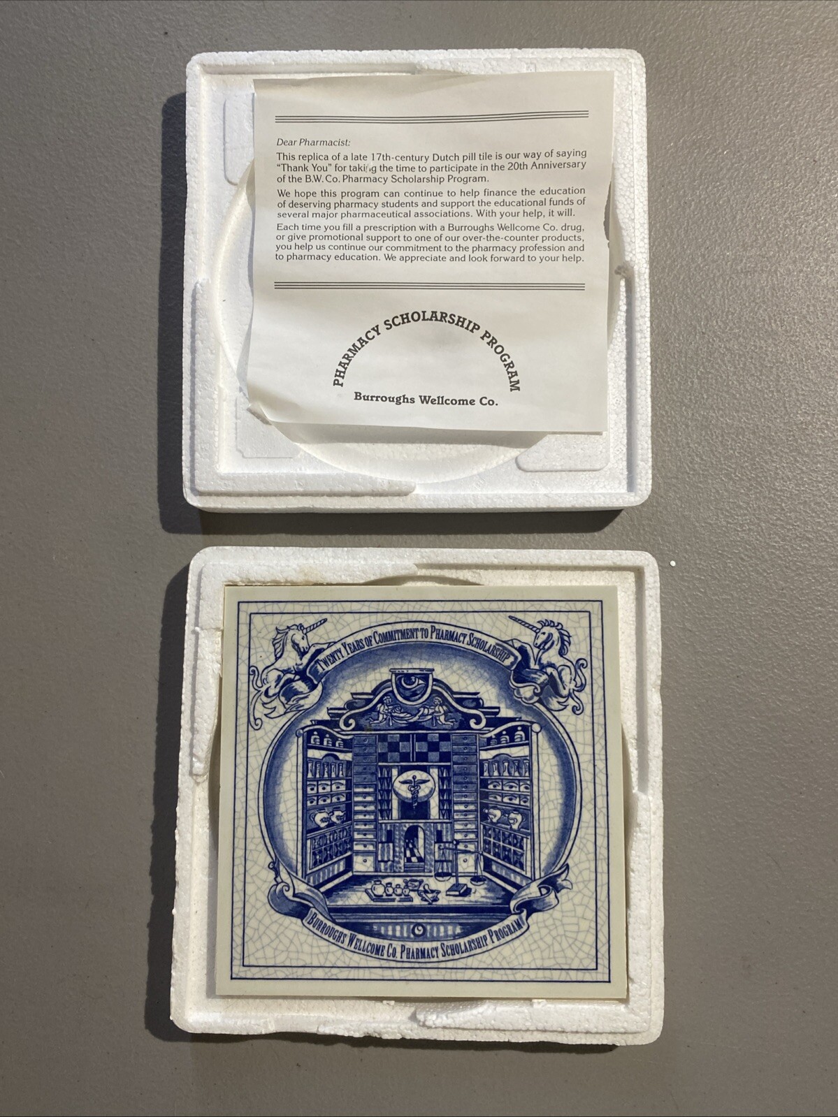 Burroughs Wellcome Co. Pharmacy Scholarship Program Delft Ceramic Tile