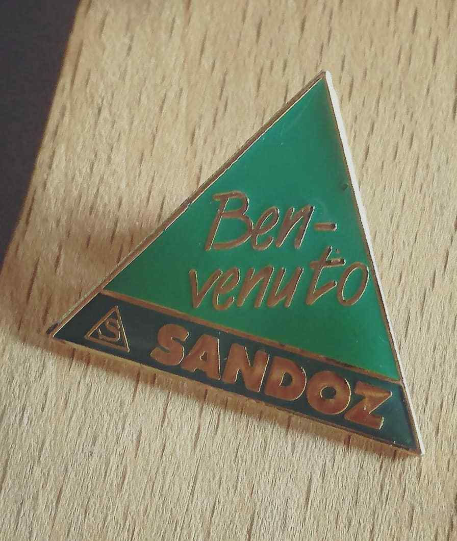 SANDOZ Pharmaceuticals pin LSD Albert Hofmann – BENVENUTO logo pin badge