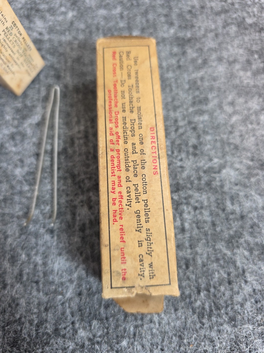 Vintage 1940s Red Cross Toothache Kit Tweezers Cotton Pellets Bottle USA