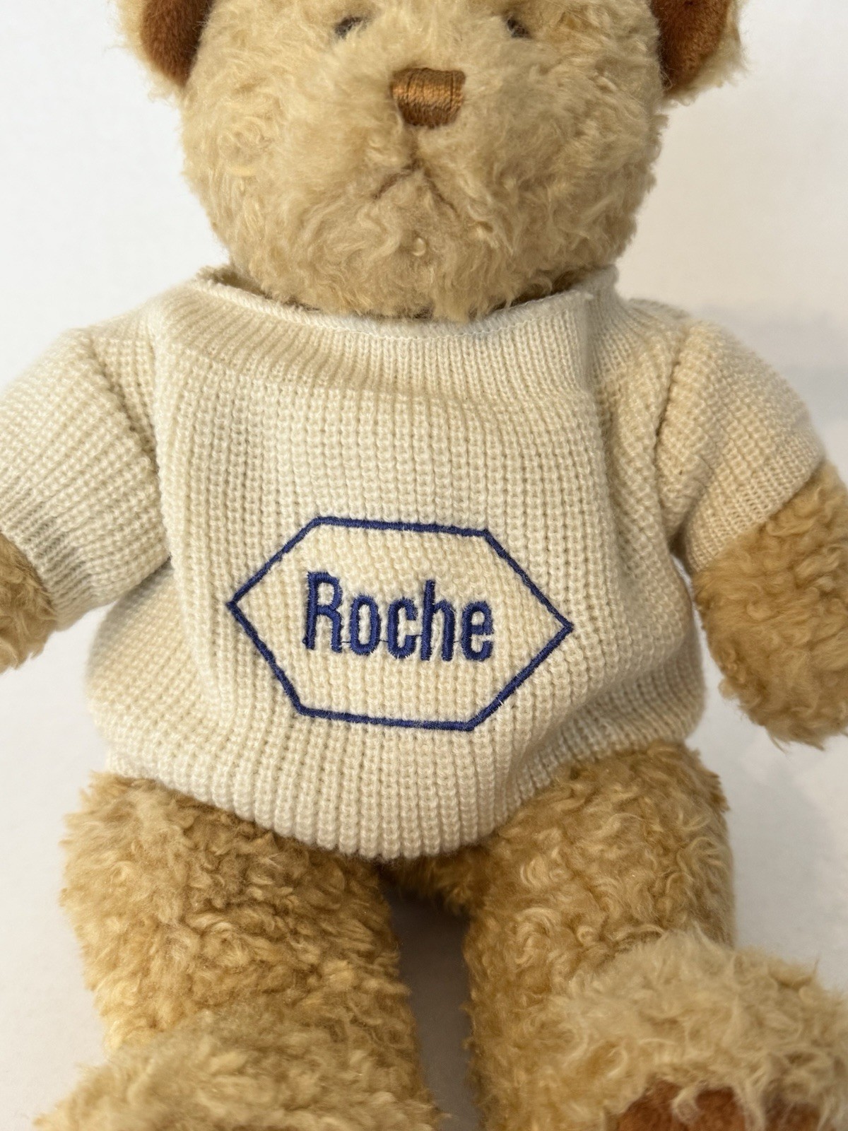 Vintage Roche Pharmaceutical Merch Advertising Teddy Bear Plush Sweater 14” 2000