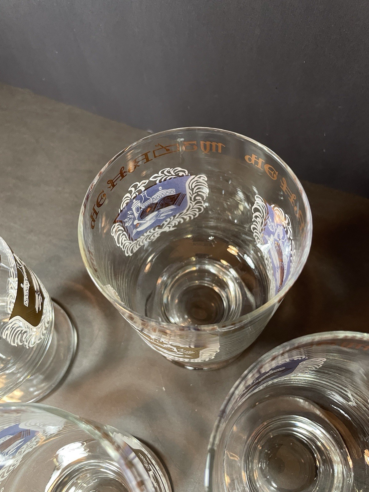 4 MCM Apothecary Pharmacy Medical Rx Gold Trim Footed Bar Drinking Glasses