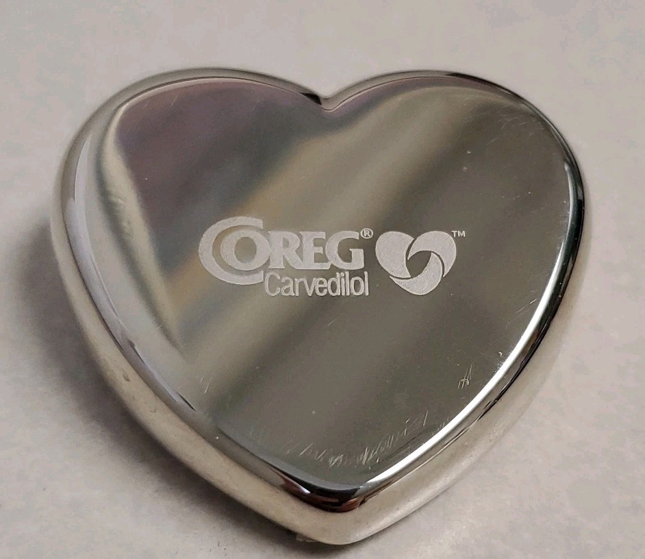 COREG CARVEDILOL PHARMACEUTICAL DRUG REP SILVER HEART PAPERWEIGHT HEAVY