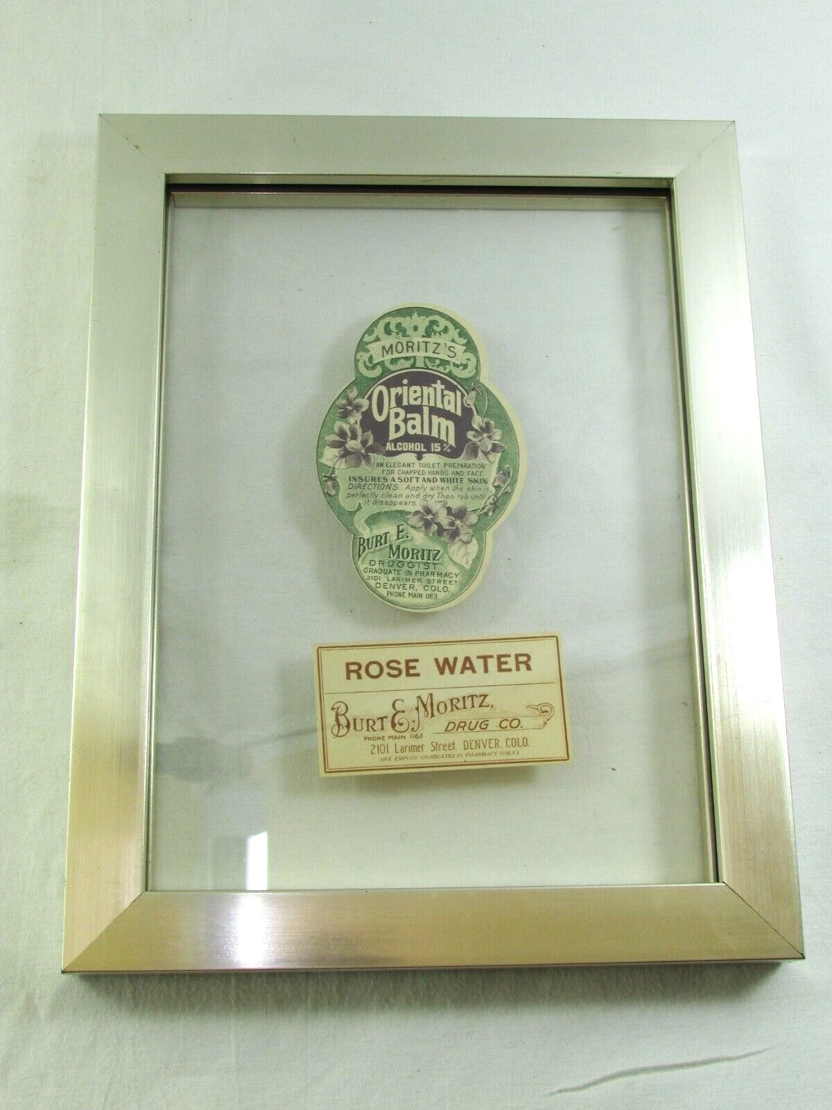 Vintage Burt E. Moritz Druggist -Oriental Balm, Rose Water Bottle Labels & Frame