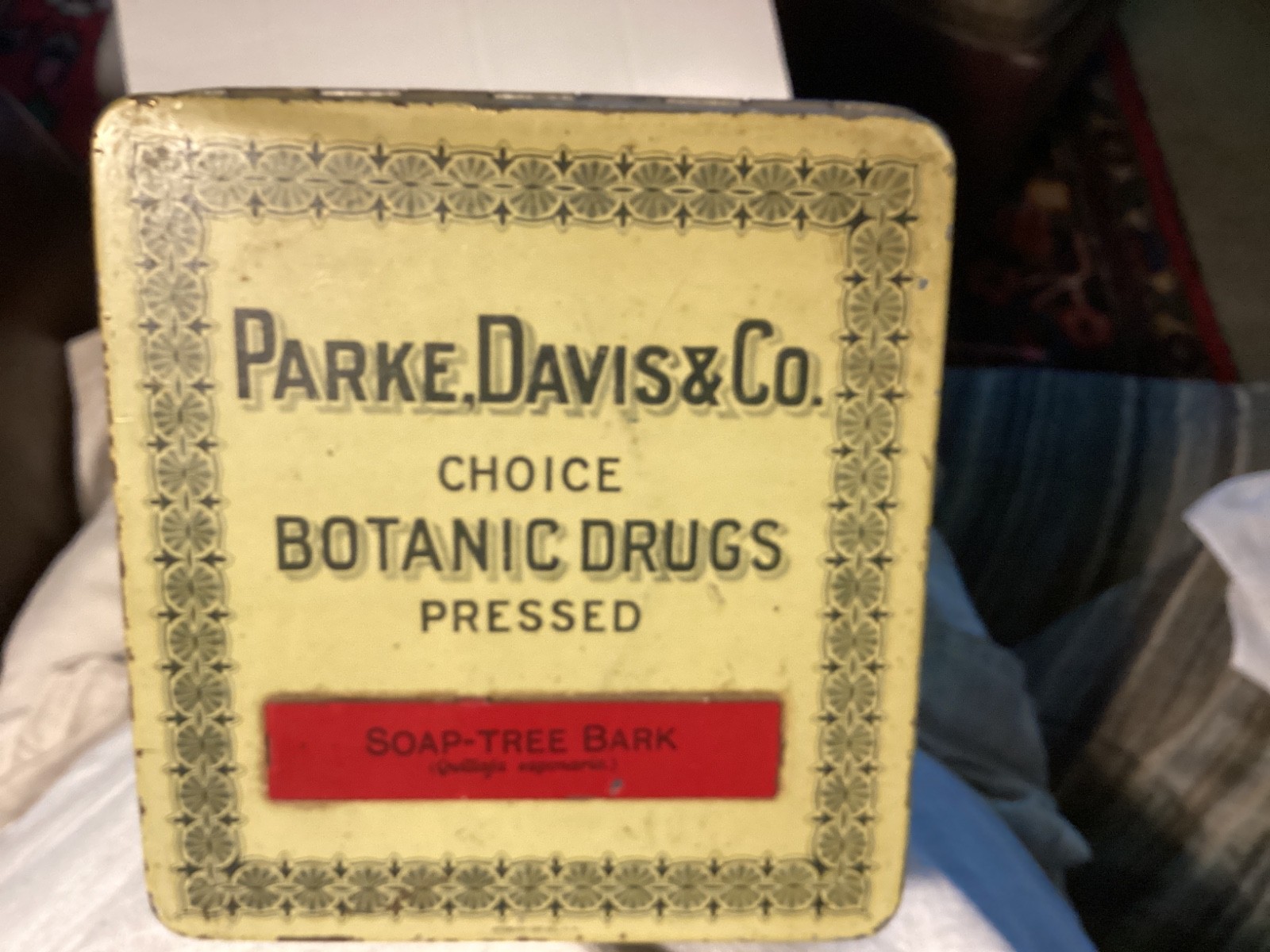 Antique Parke Davis & Co. Choice Botanic Drugs Pressed Soap-Tree Bark Metal Tin