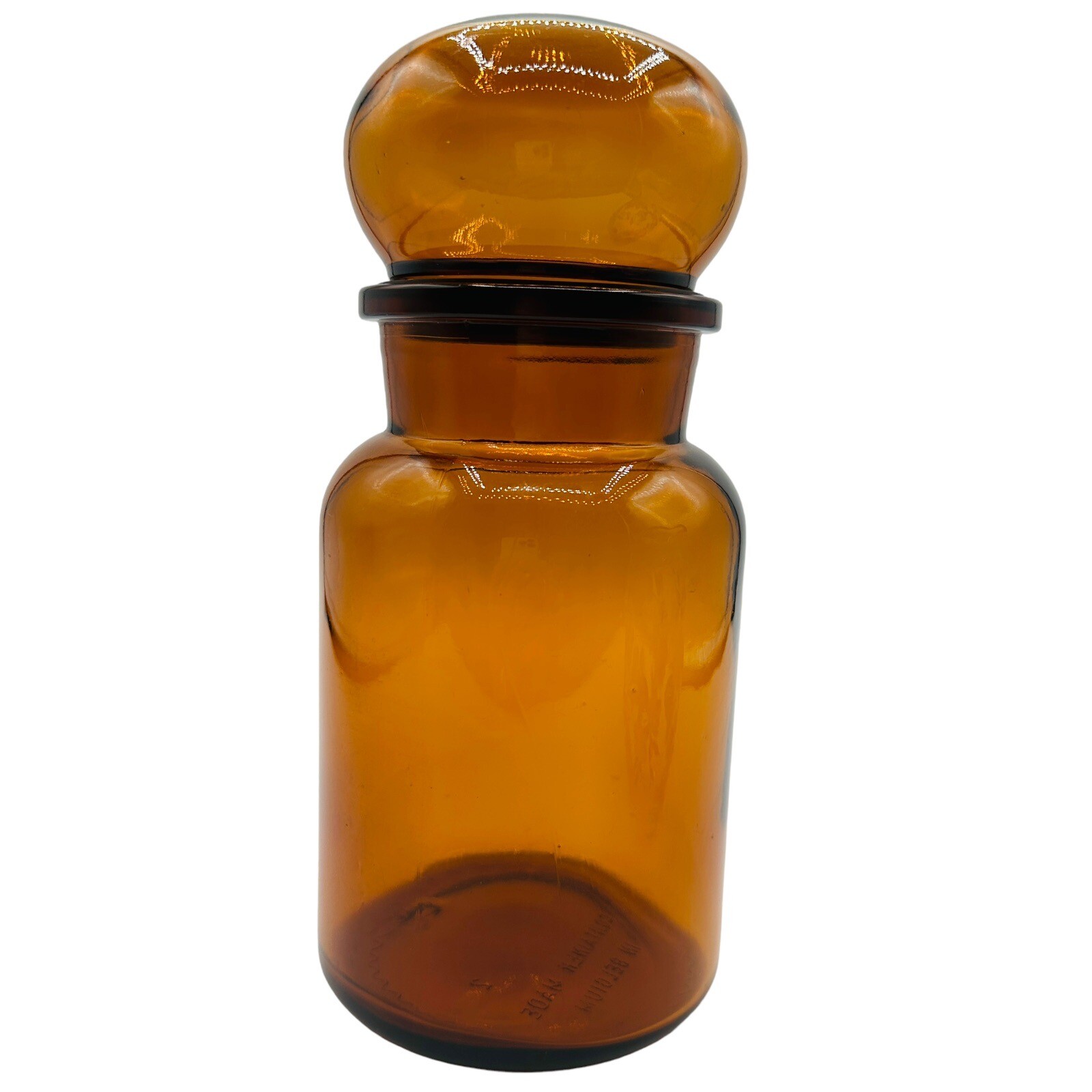 Vintage Amber Brown Apothecary Jar & Hollow Sealed Stopper Made In Belgium