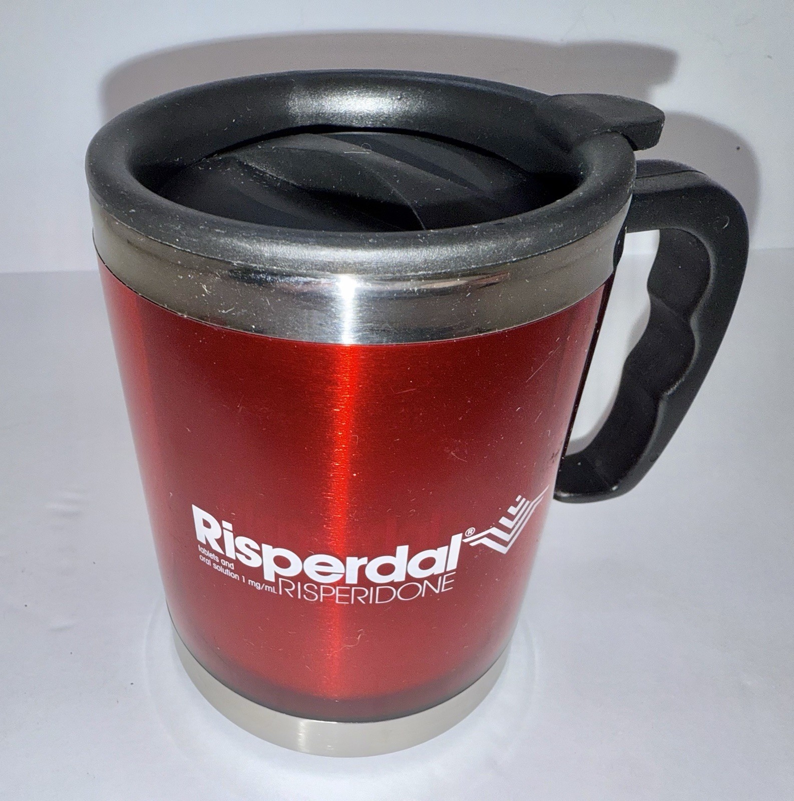RARE Pharma Drug Rep Red Risperdal Coffee Mug & Lid To Go Cup Plastic & metal