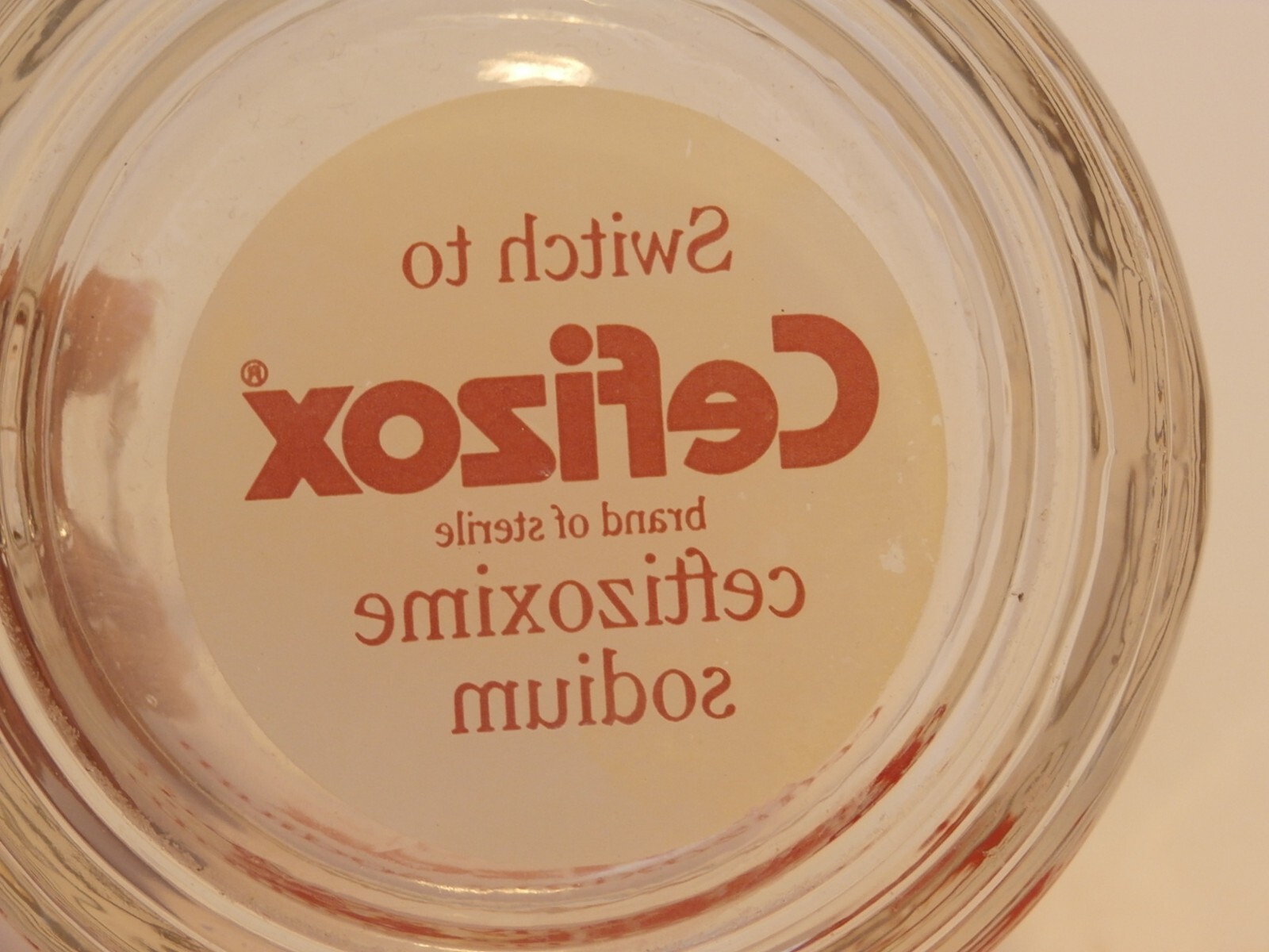 Pharmaceutical Drug Rep Clear Glass w/ Red Letters Coffee Cup CEFIZOX Antibiotic