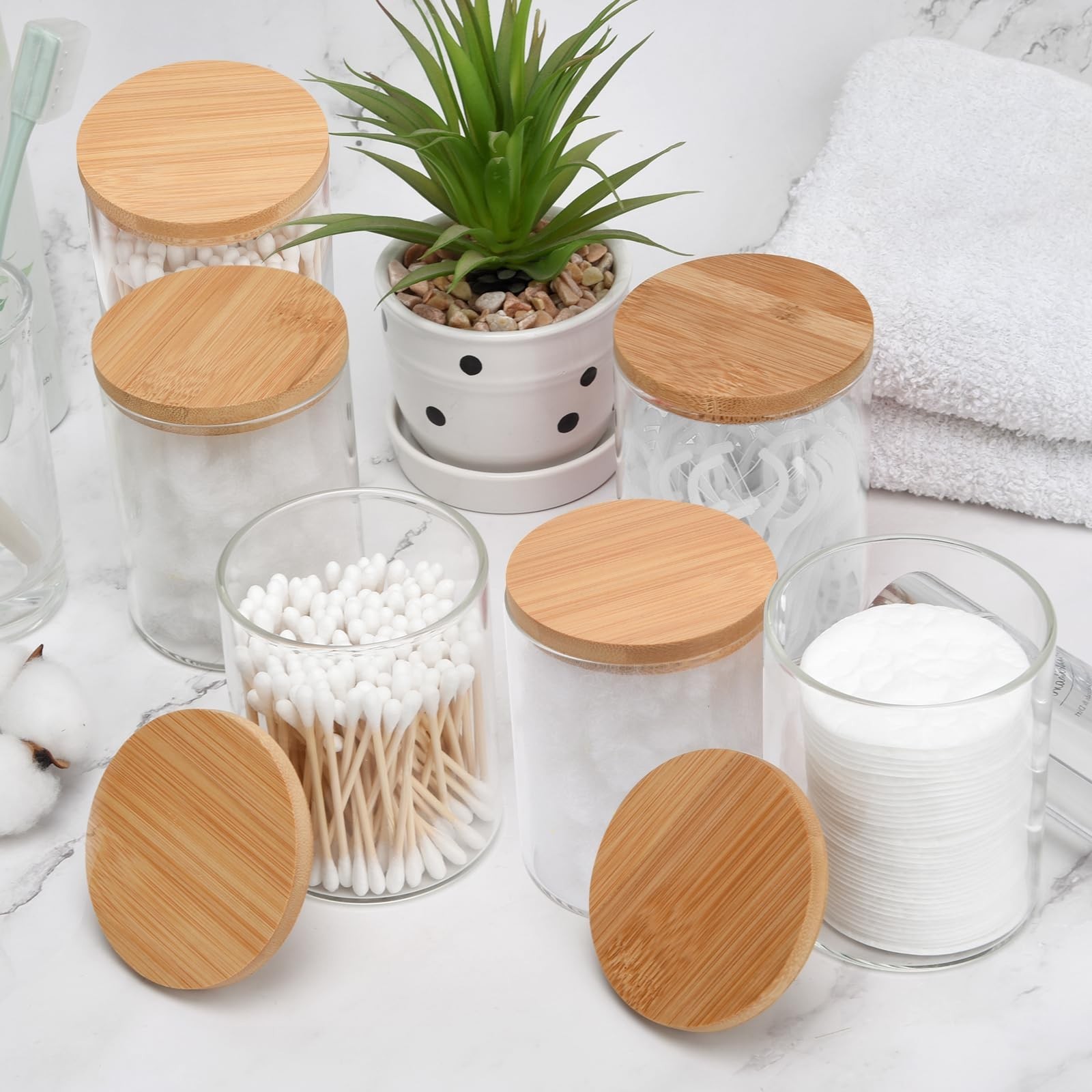 BKYFPQ 6 Pack Glass Qtip Holder Dispenser Set – Apothecary Jars with Lids for…