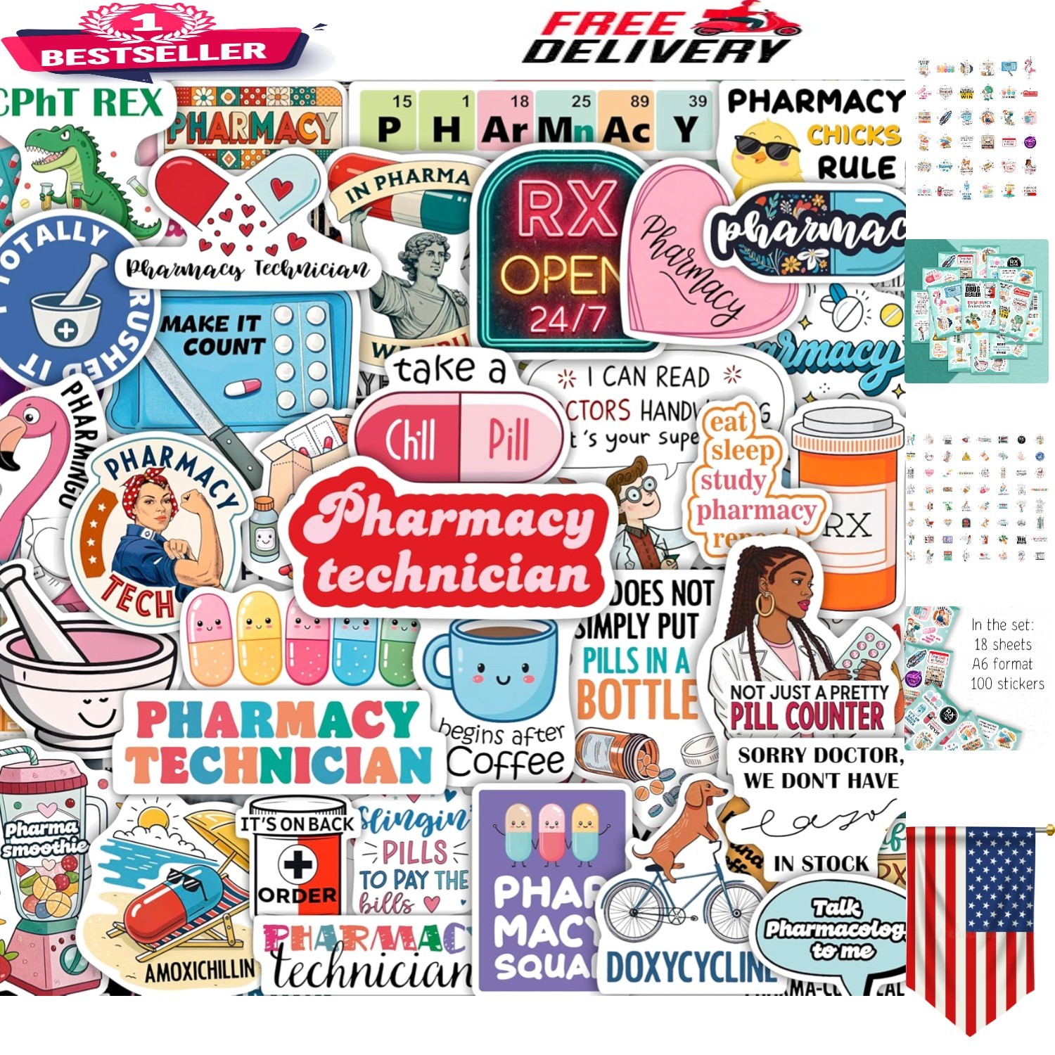 100 Funny Pharmacist Waterproof Stickers – Perfect for Laptops & Water Bottles