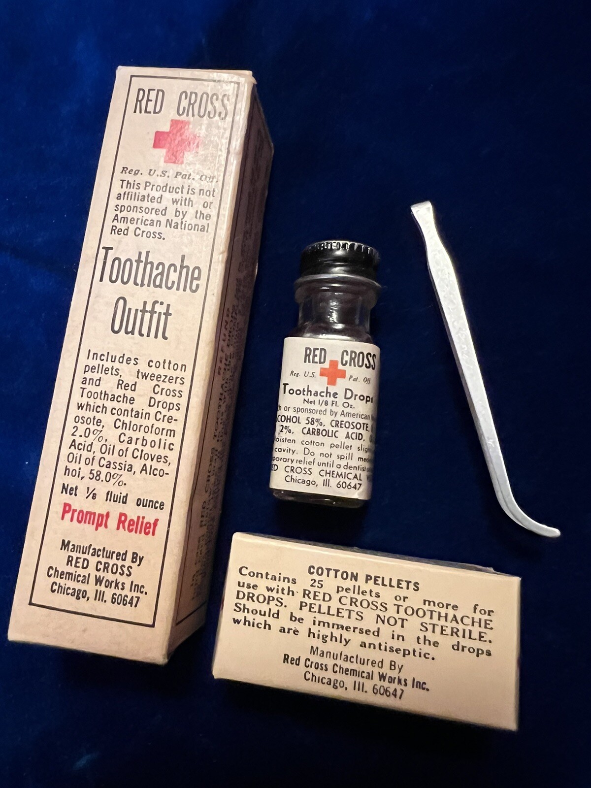 Vintage Red Cross Toothache Outfit Tweezers, Ointment, Cotton All Original
