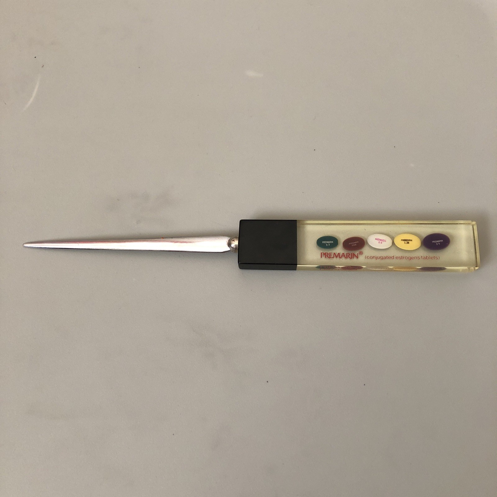 VTG Drug Rep Pharmaceutical Promo Letter Opener PREMARIN Lucite Encased Capsules