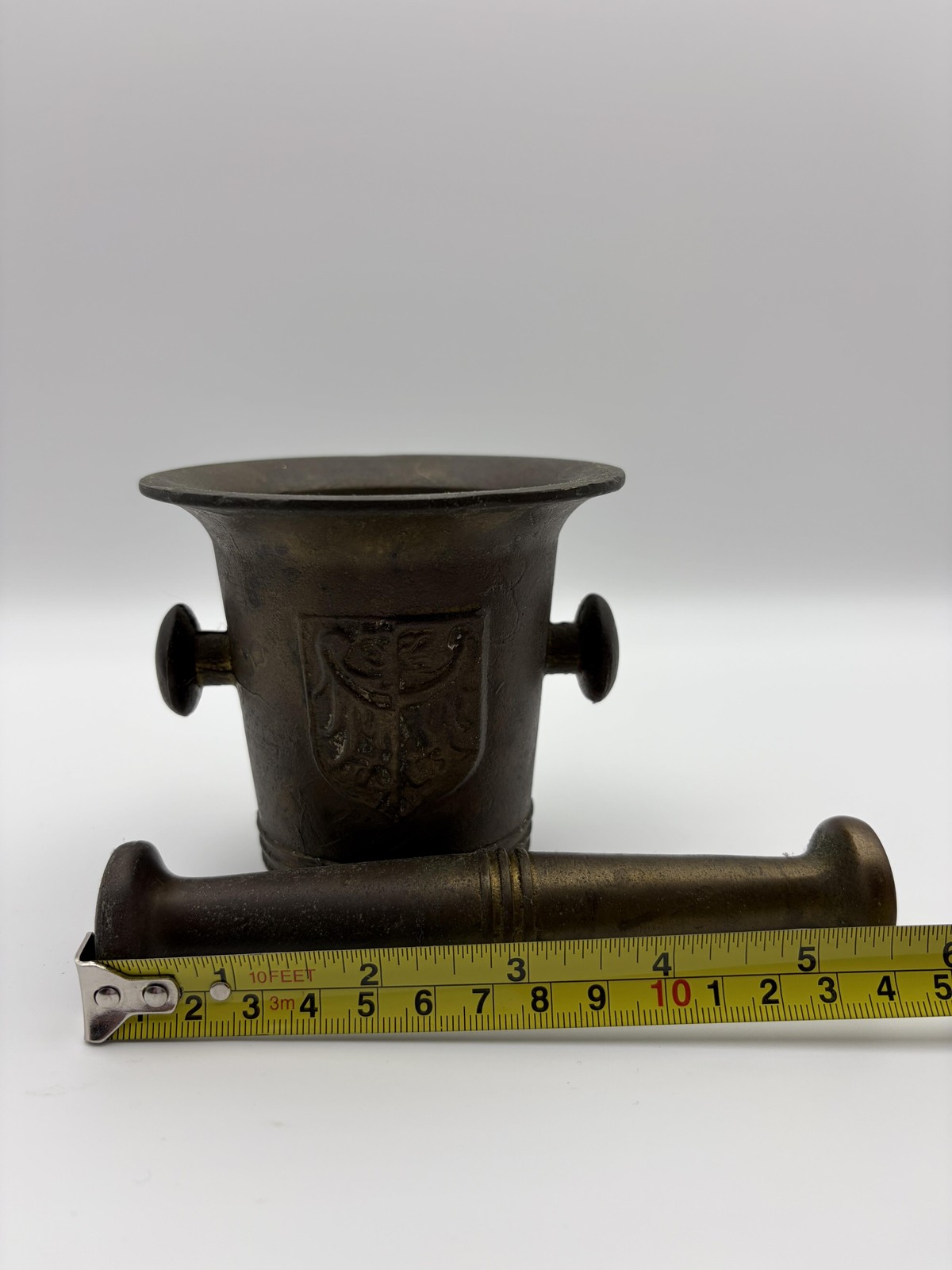 Brass Mortar and Pestle Apothecary Herb Spice Grinder Embossed Eagle Crest