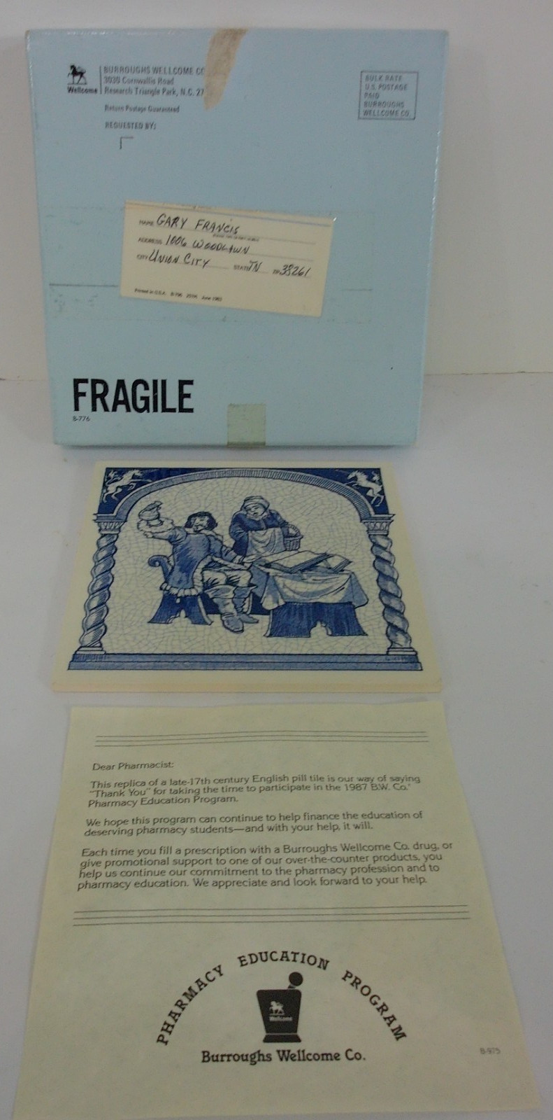 Burroughs Wellcome Delft Holland Pharmacy Blue&White Pill Tile The Homours #21