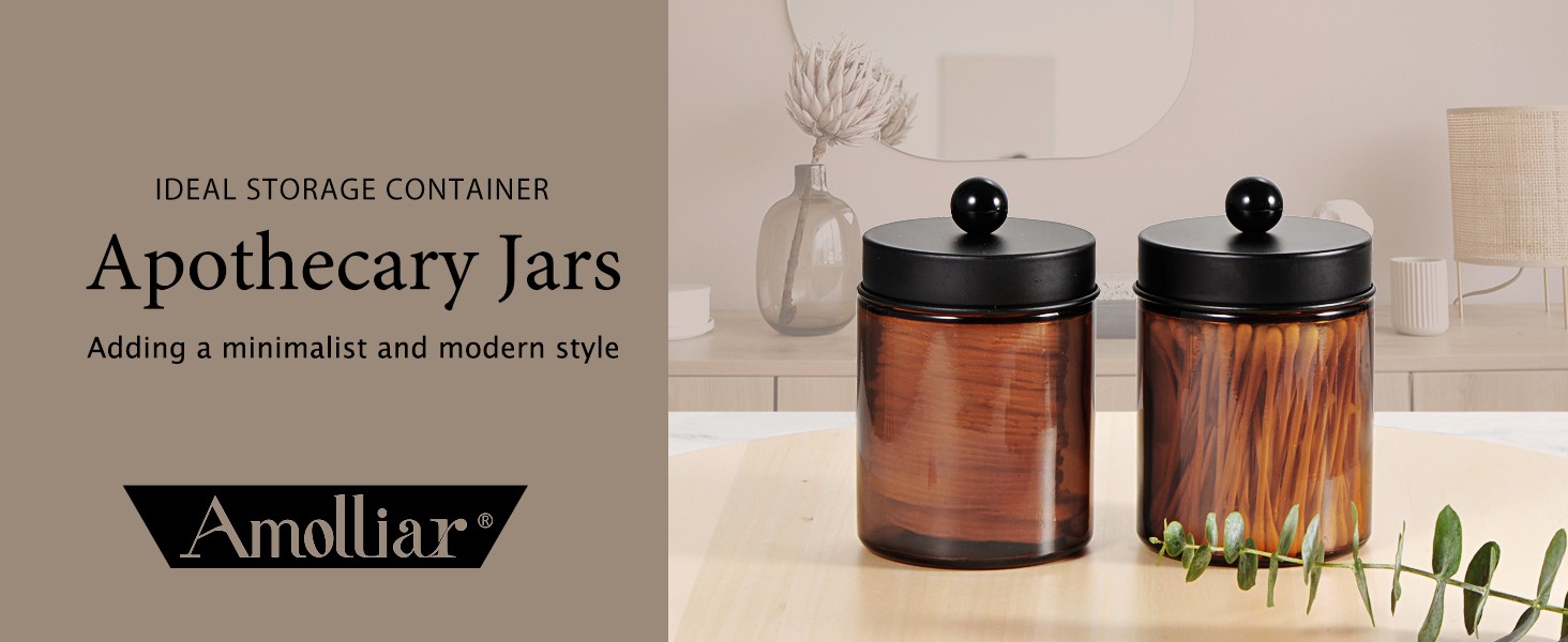 Amber Glass Qtip Holder, Apothecary Jars with Matte Black Metal Lid &