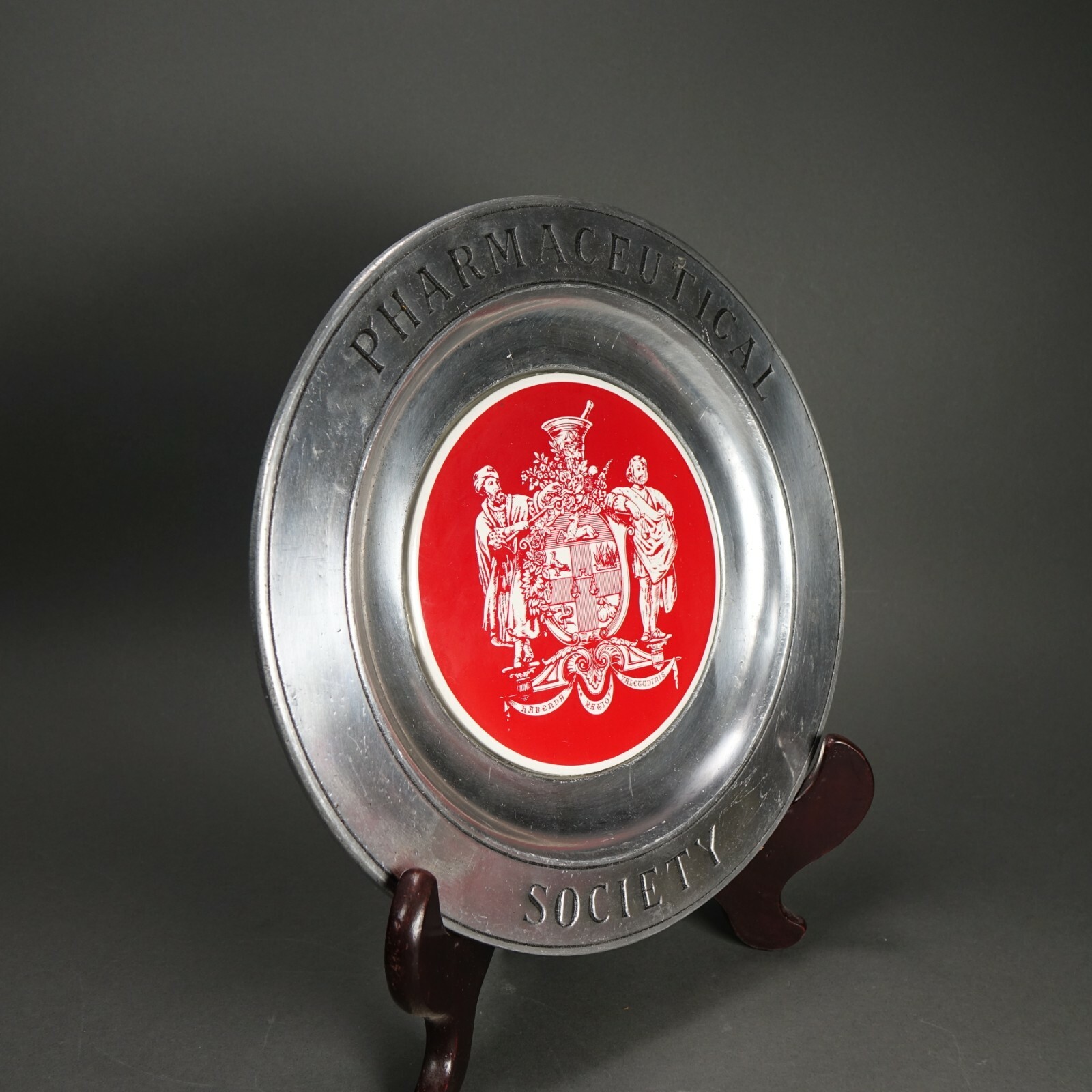 Vintage Squibb Apothecary Pharmaceutical Society Pewter Plate w/ Wood Stand