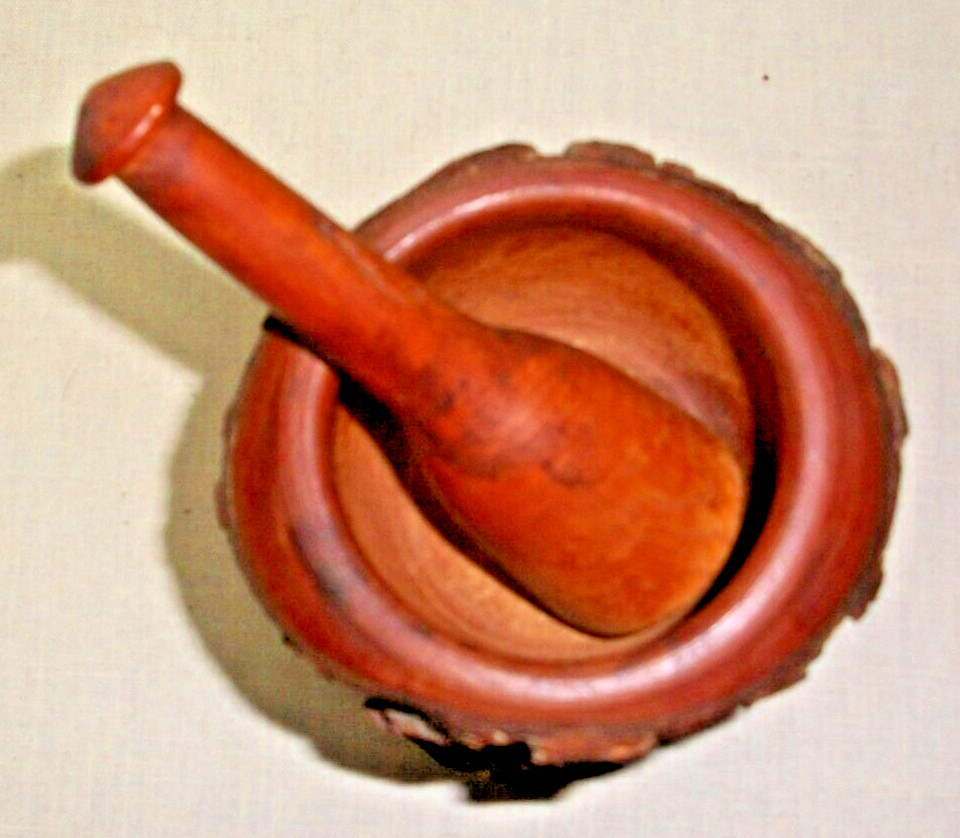 VINTAGE WOOD WITH BARK MORTAR & PESTLE SET
