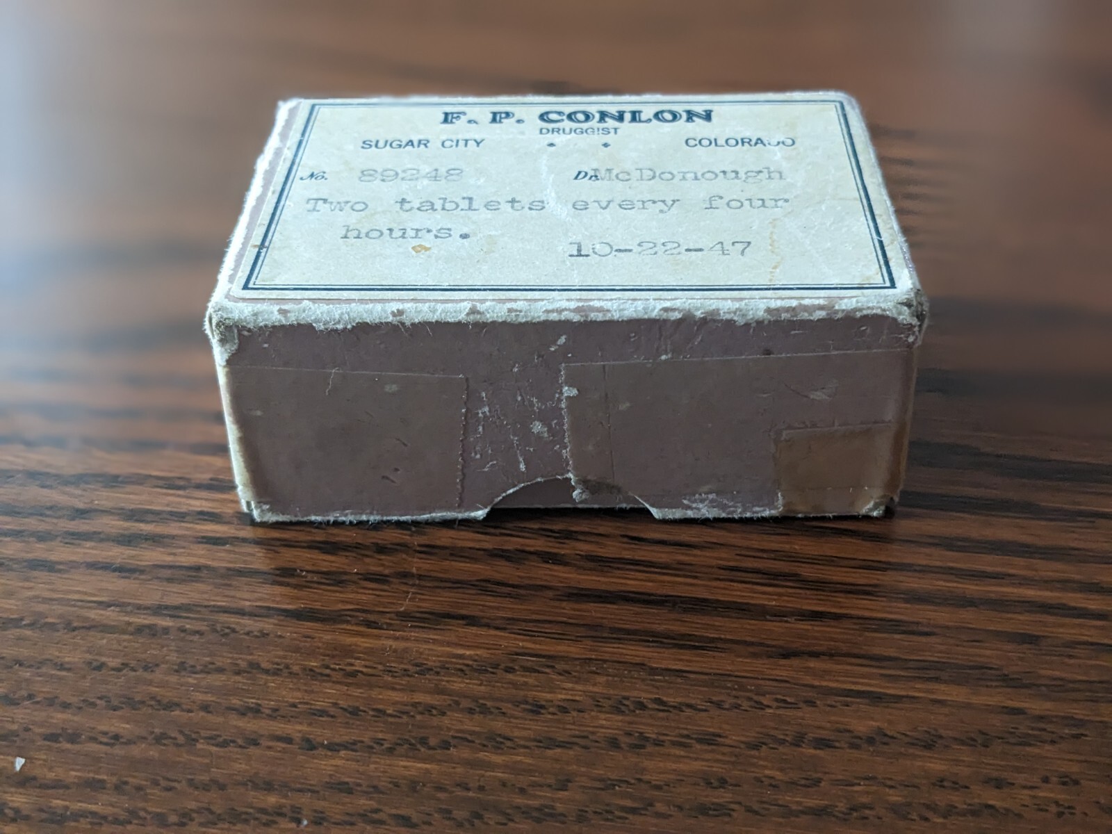 Vtg 1947 F.P. CONLON DRUGGIST SUGAR CITY CO. PRESCRIPTION BOX
