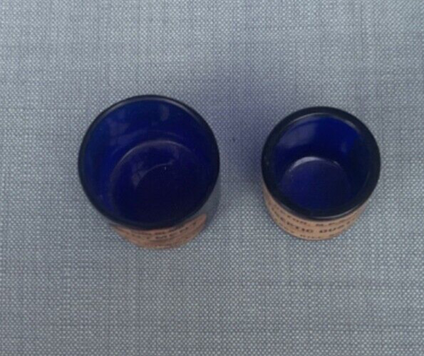 UNUSUAL ANTIQUE MINIATURE BRISTOL BLUE CHEMIST JARS WITH ORIGINAL CHEMIST LABLES